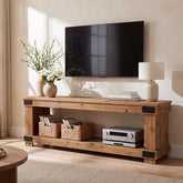 63" Industrial TV Stand, 2-Tier Open Shelf, Solid Wood for 75" TV 3