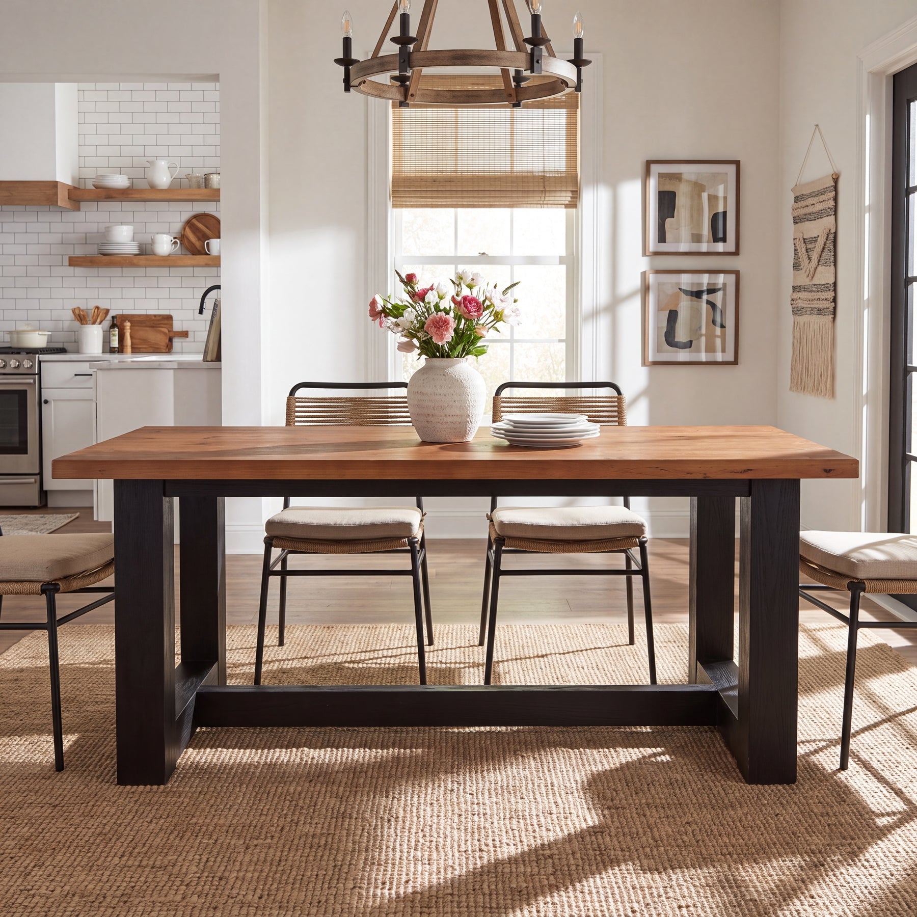 63" Rectangle Dining Table, Solid Wood Kitchen Table with Heavy-Duty Legs for 6 People