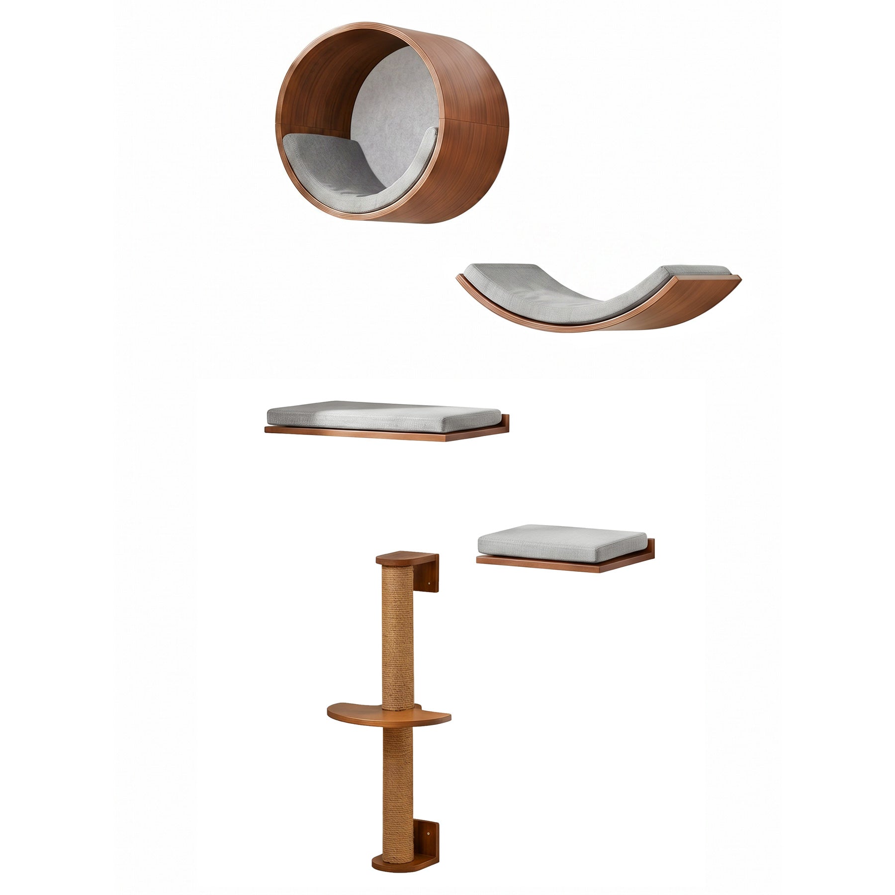 Solid Wood Cat Wall Shelves Set, 5-in-1 Cat Wall Furniture Cat Perches Set for Living Room