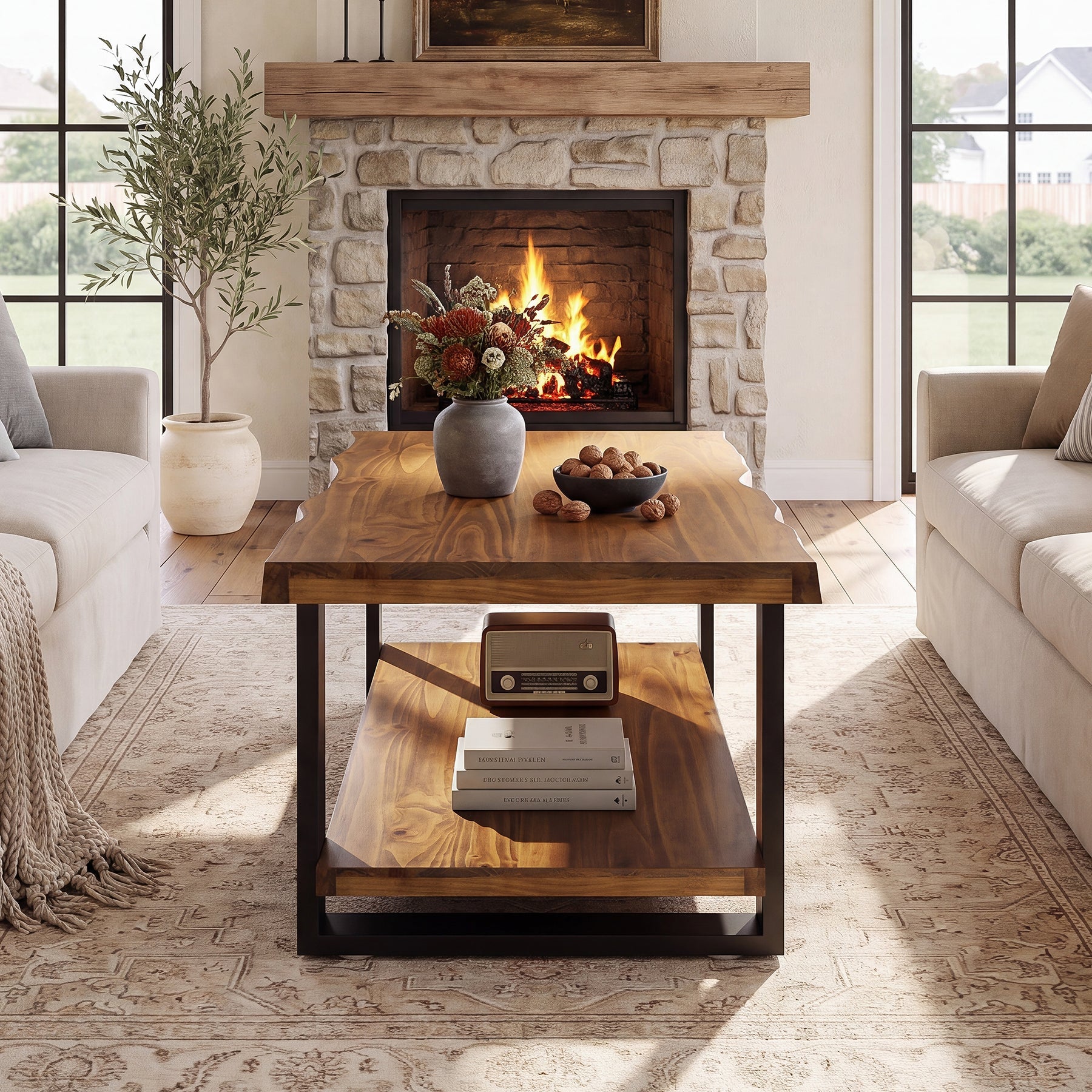 47" Solid Wood Coffee Table, 2-Tier Vintage Center Table for Living Room