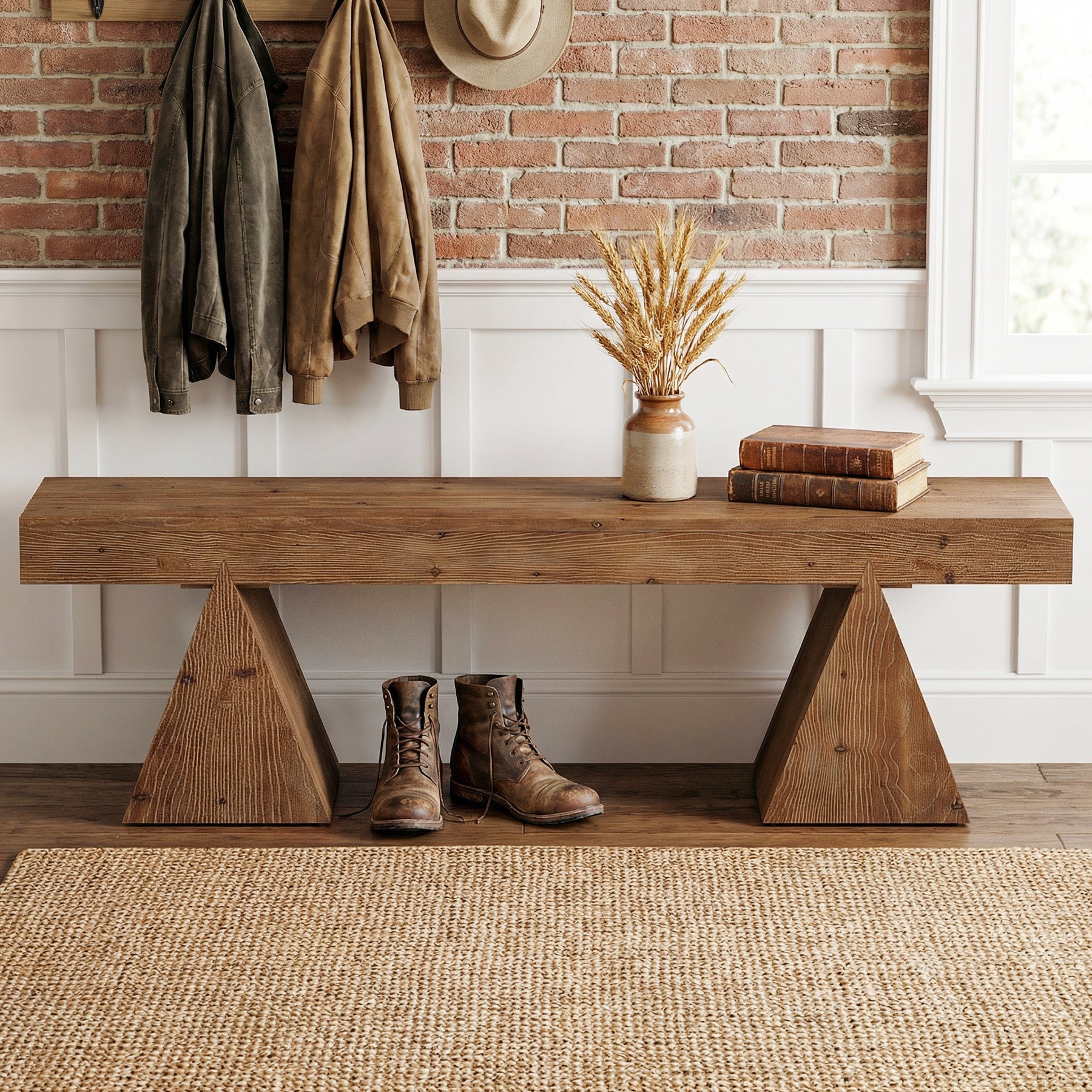 Solid Wood Entryway  Bench, 63" End of Bed Bench with Triangle Base