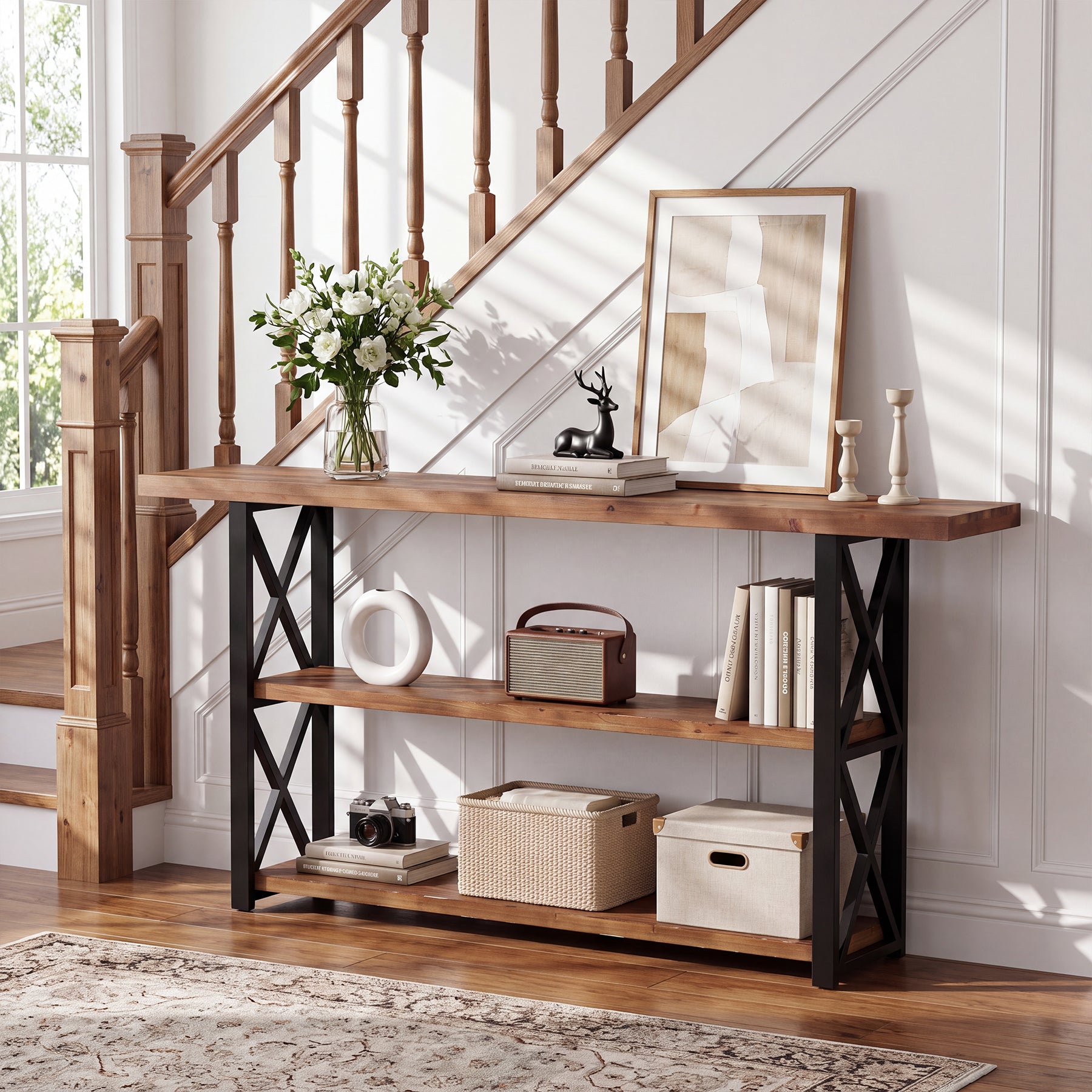 63" Solid Wood Console Table, 3-Tier Narrow Behind Couch Sofa Table, Entryway