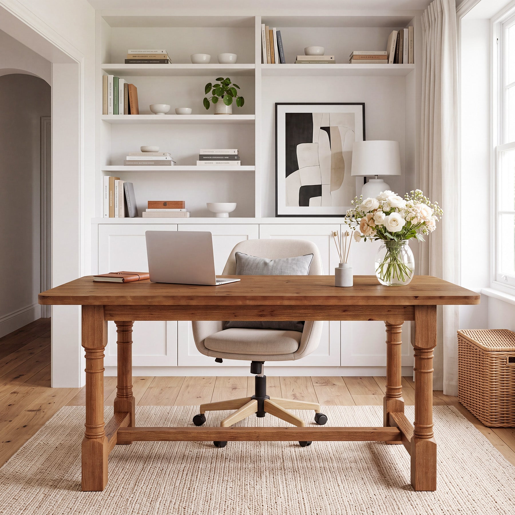 Solid Wood Executive Desk, 63" Rectangular Computer Desk with Trestle Base for Home Office