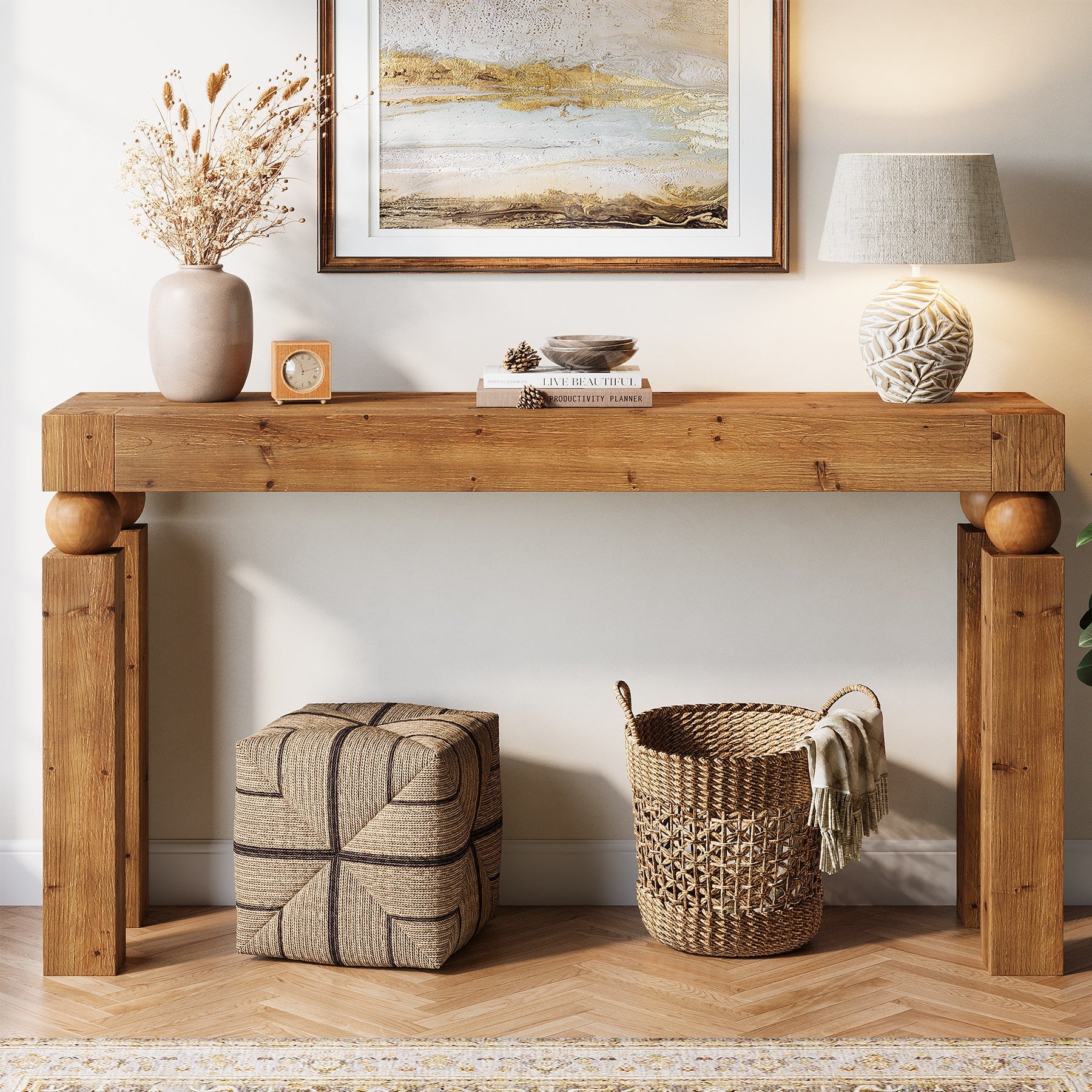 59" Solid Wood Console Table, Narrow Farmhouse Sofa Table Behind Couch