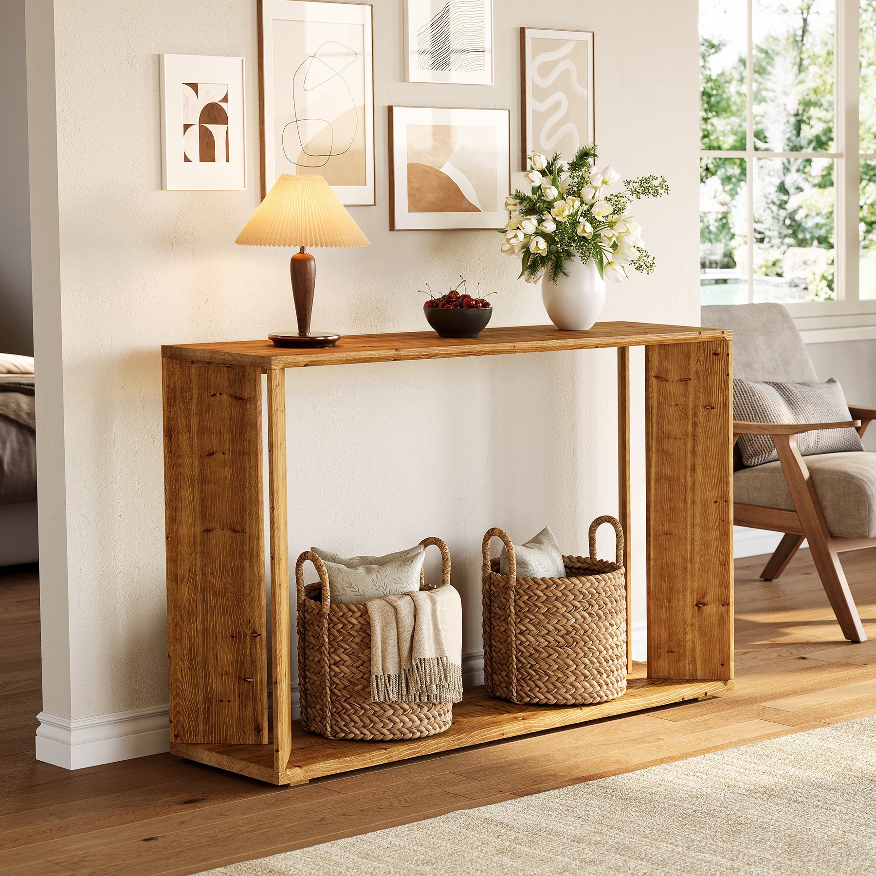 2-Tier Solid Wood Console Table, 55" Farmhouse Entryway Table for Foyer