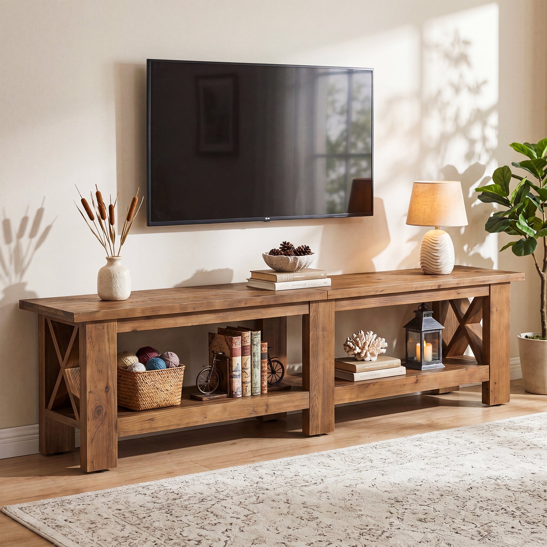 70.87" Solid Wood TV Stand for TVs up to 80", Farmhouse Entertainment Center with Storage Shelves