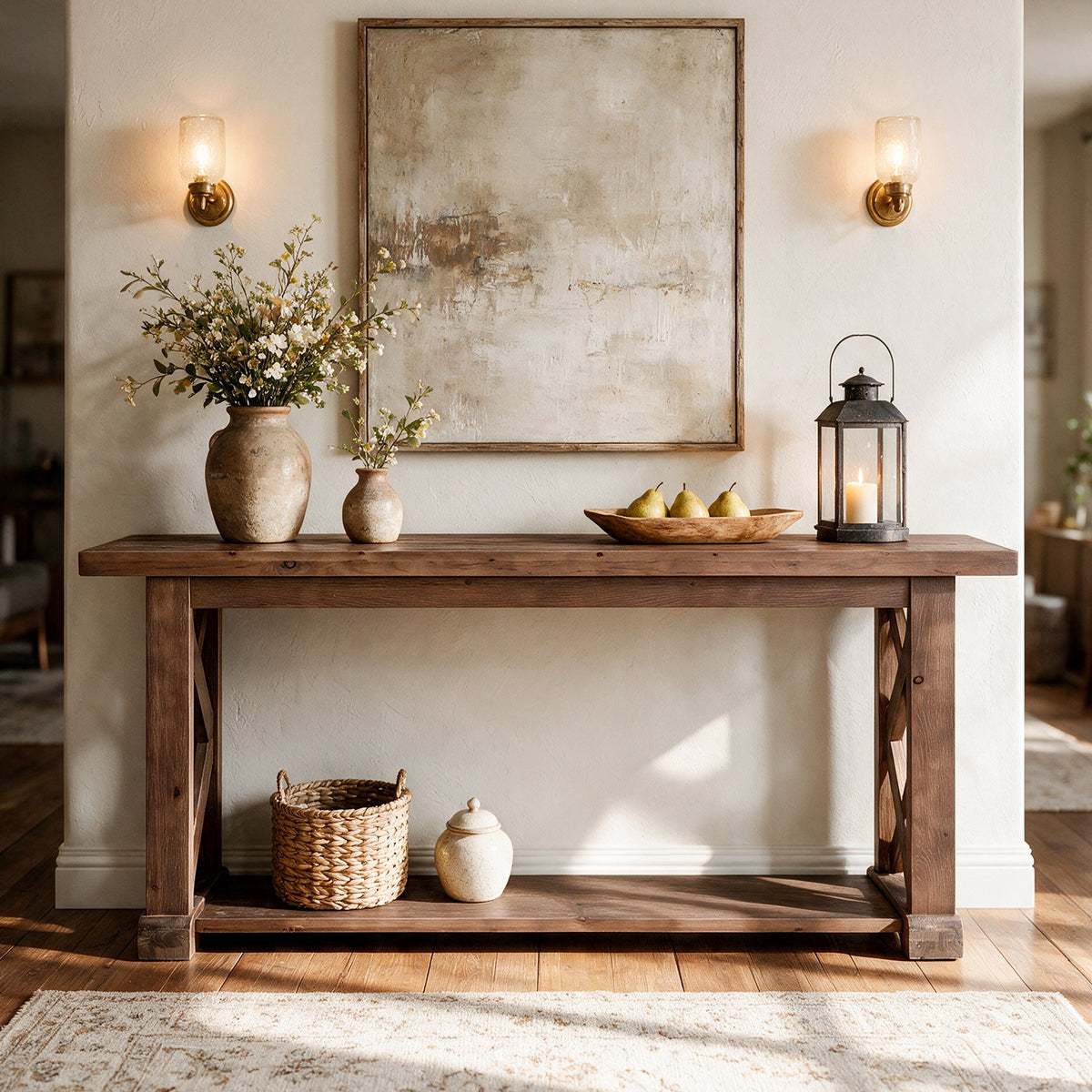 63" Console Table, Farmhouse Solid Wood, 2-Tier X-Shaped Frame, Narrow Sofa Table