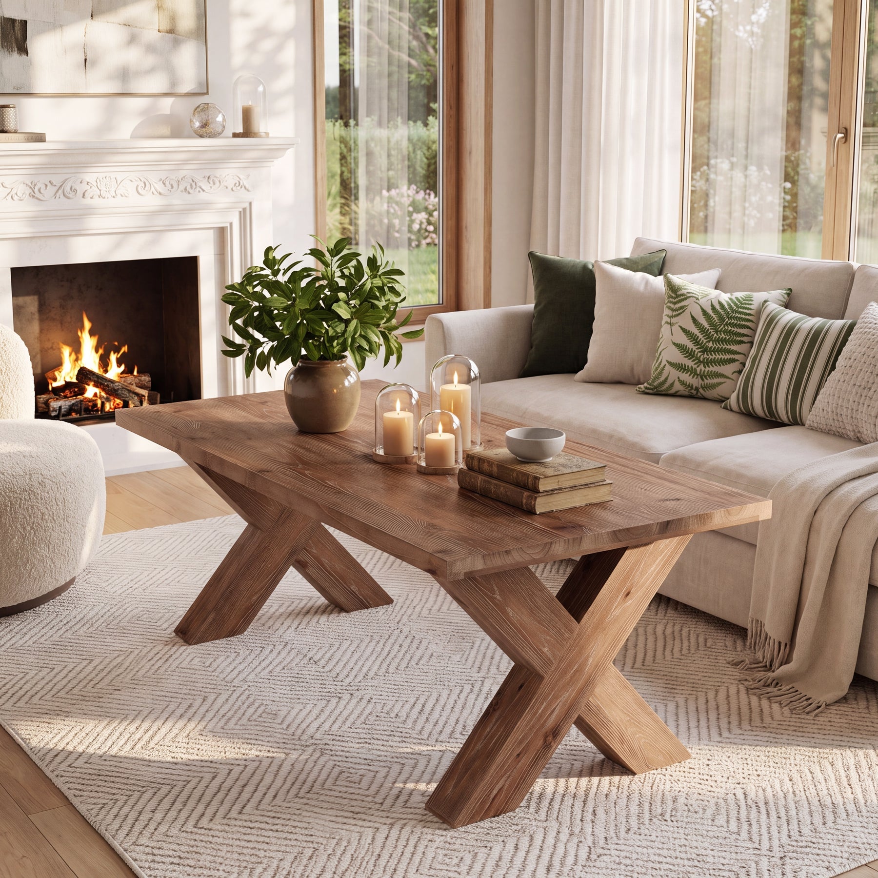 47" Solid Wood Coffee Table, Rectangular Cocktail Tea Table with X-shaped Legs for Living Room