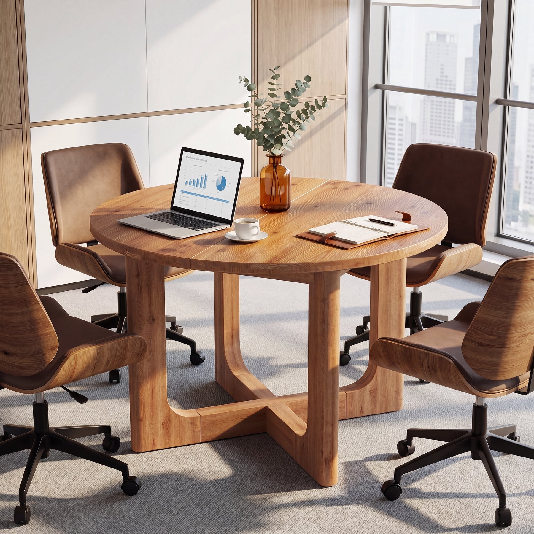 Round Solid Wood Conference Table, 39.4" Meeting Table with Cross Base for Office