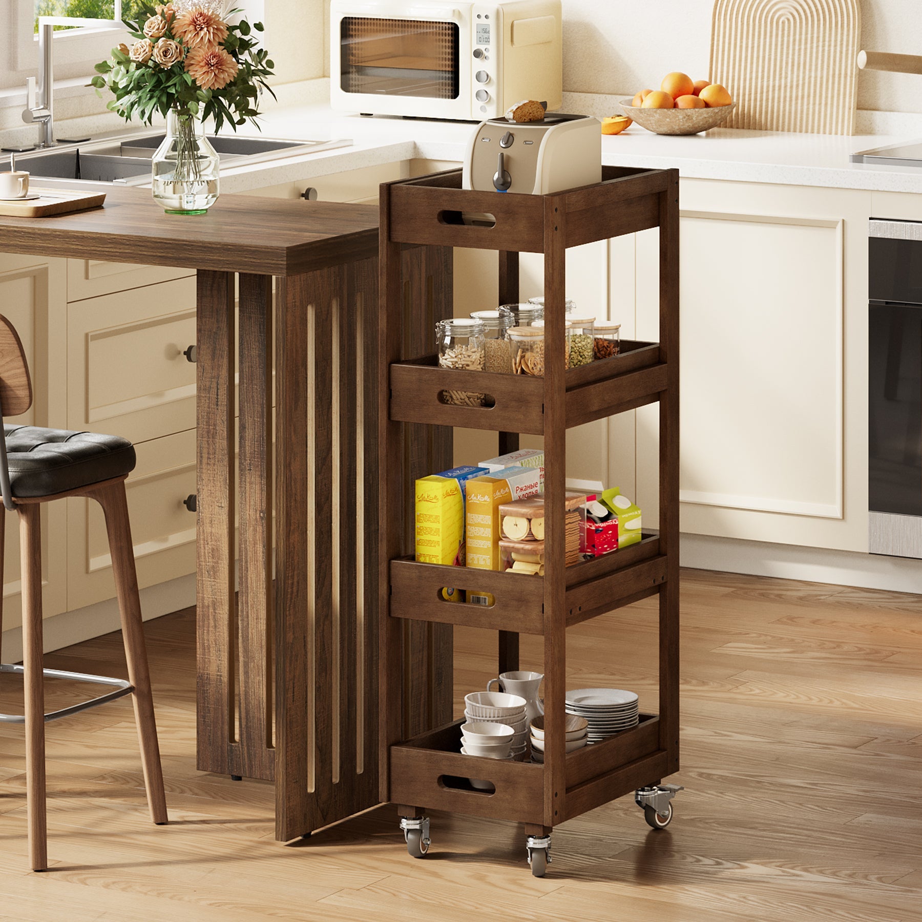4-Tier Slim Storage Cart, Solid Wood Kitchen Rolling Cart Utility Organizer Shelving Unit