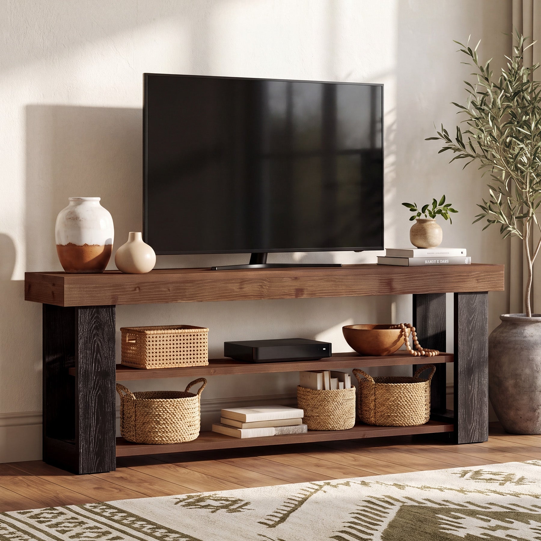 63" TV Stand for 65/70" TVs, Farmhouse Solid Wood Media Console, Entertainment Center