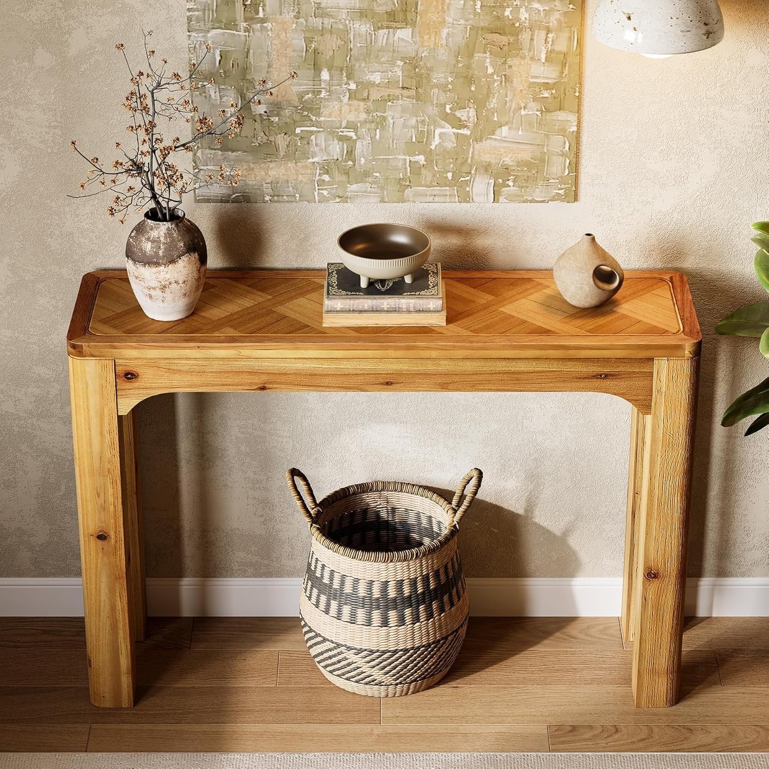 41.3" Wood Sofa Table, Farmhouse Entryway Console Table with Exquisite Parquet Top