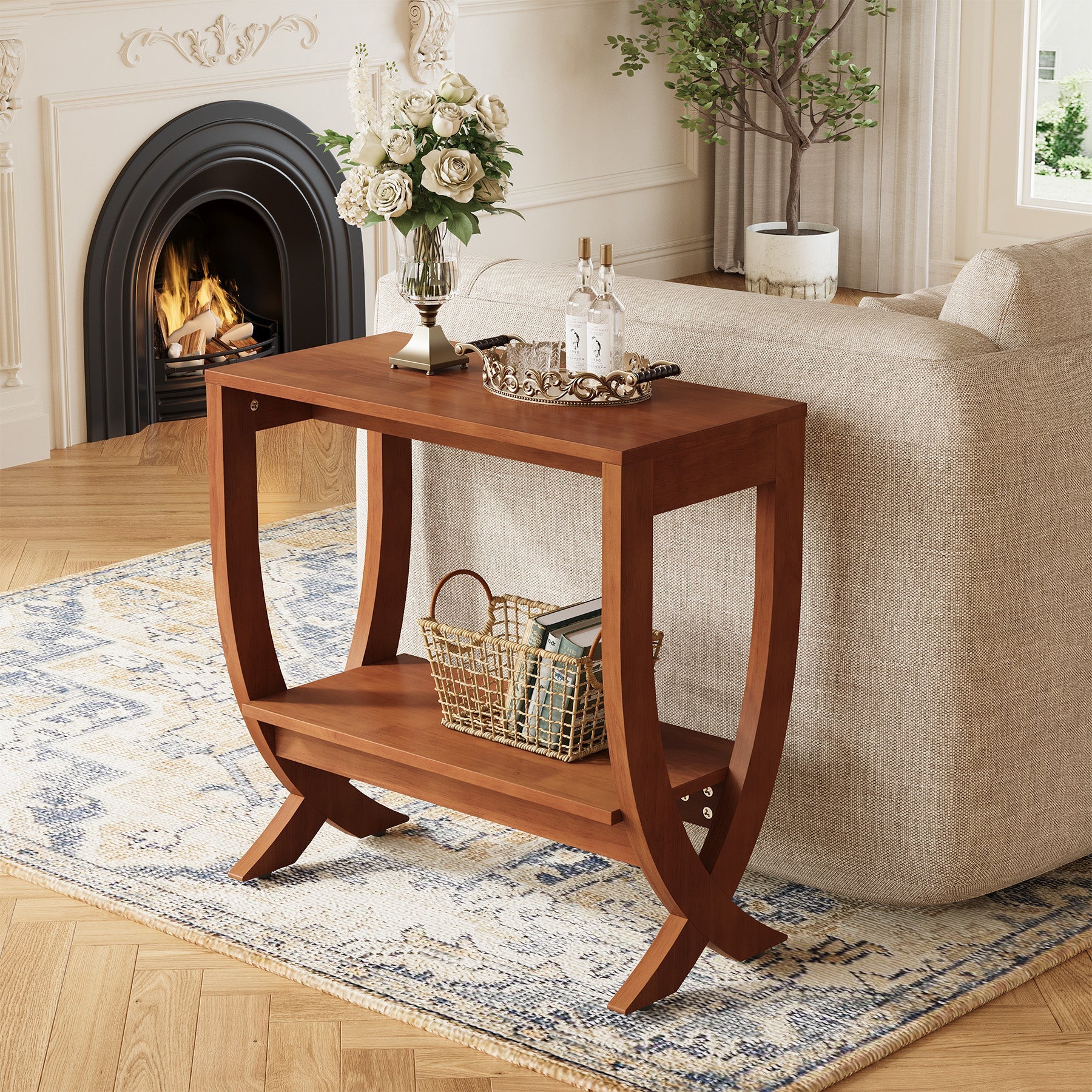 Solid  Wood End Table, 2-Tier Couch Side Table with Arched Legs
