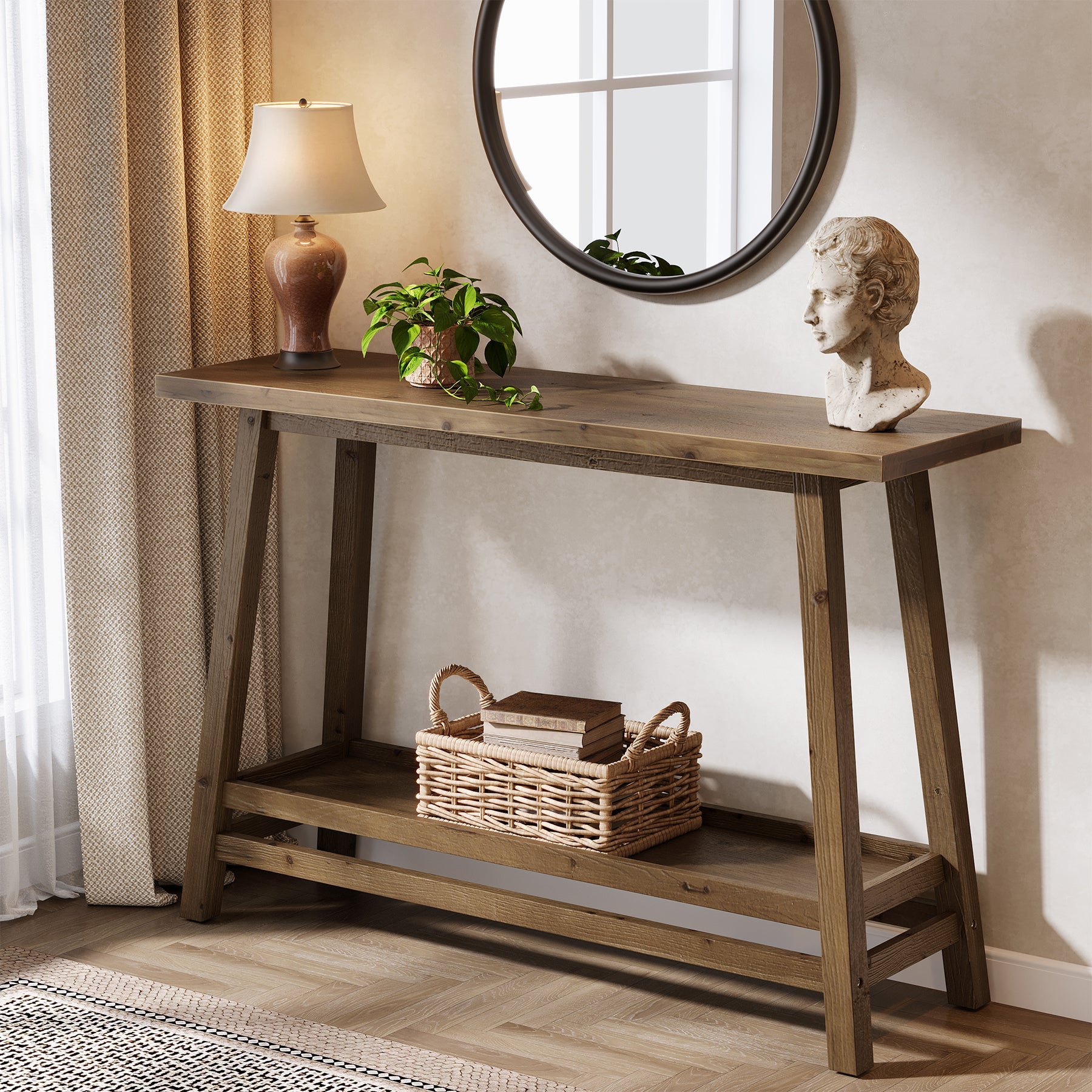 41" Solid Wood Console Table, 2 Tiers Farmhouse Entryway Table with Storage Shelf
