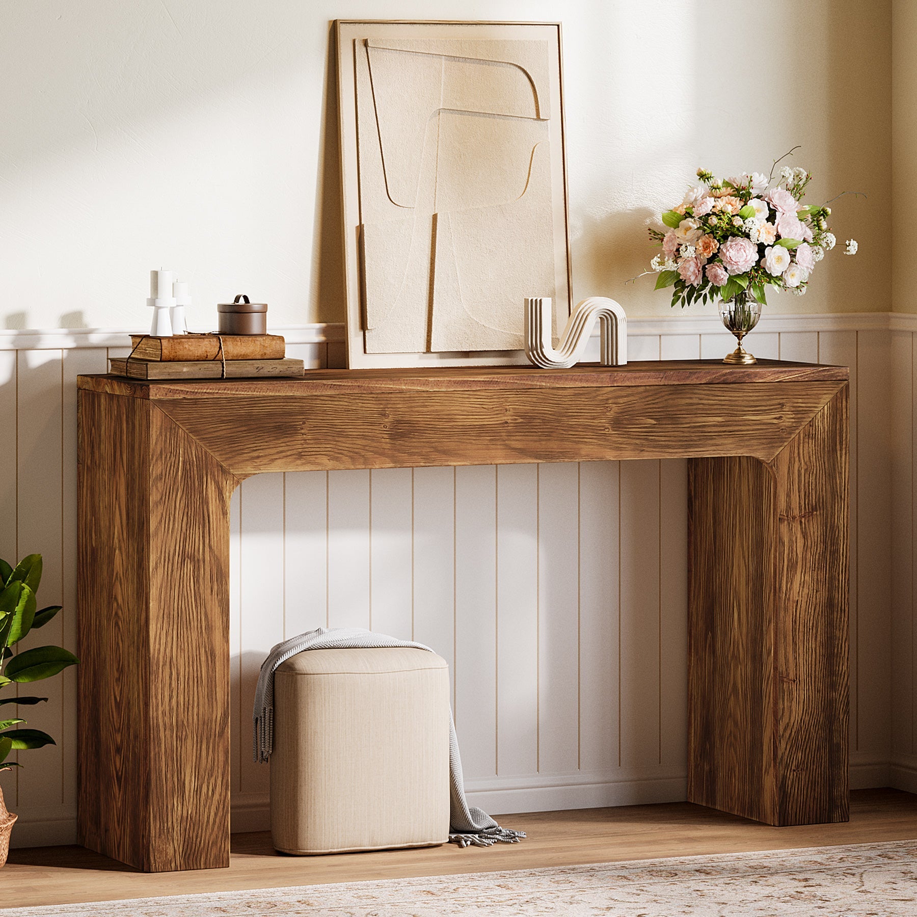 43.3" Farmhouse Console Table, Solid Wood Entryway Table with Double Base
