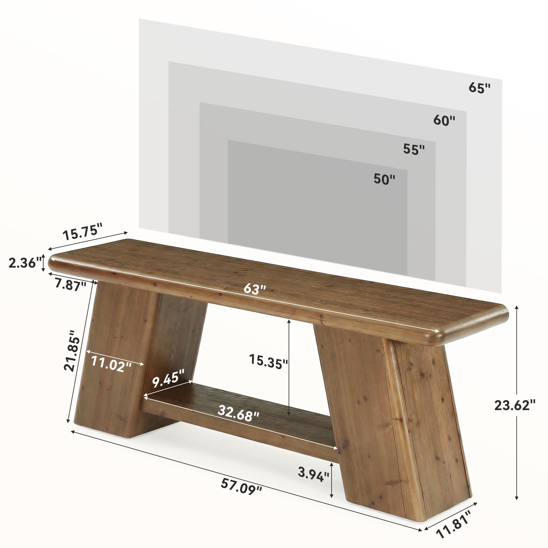 63" Solid Wood TV Stand for 50-65" TVs, Farmhouse Media Console with 2-Tier Open Storage