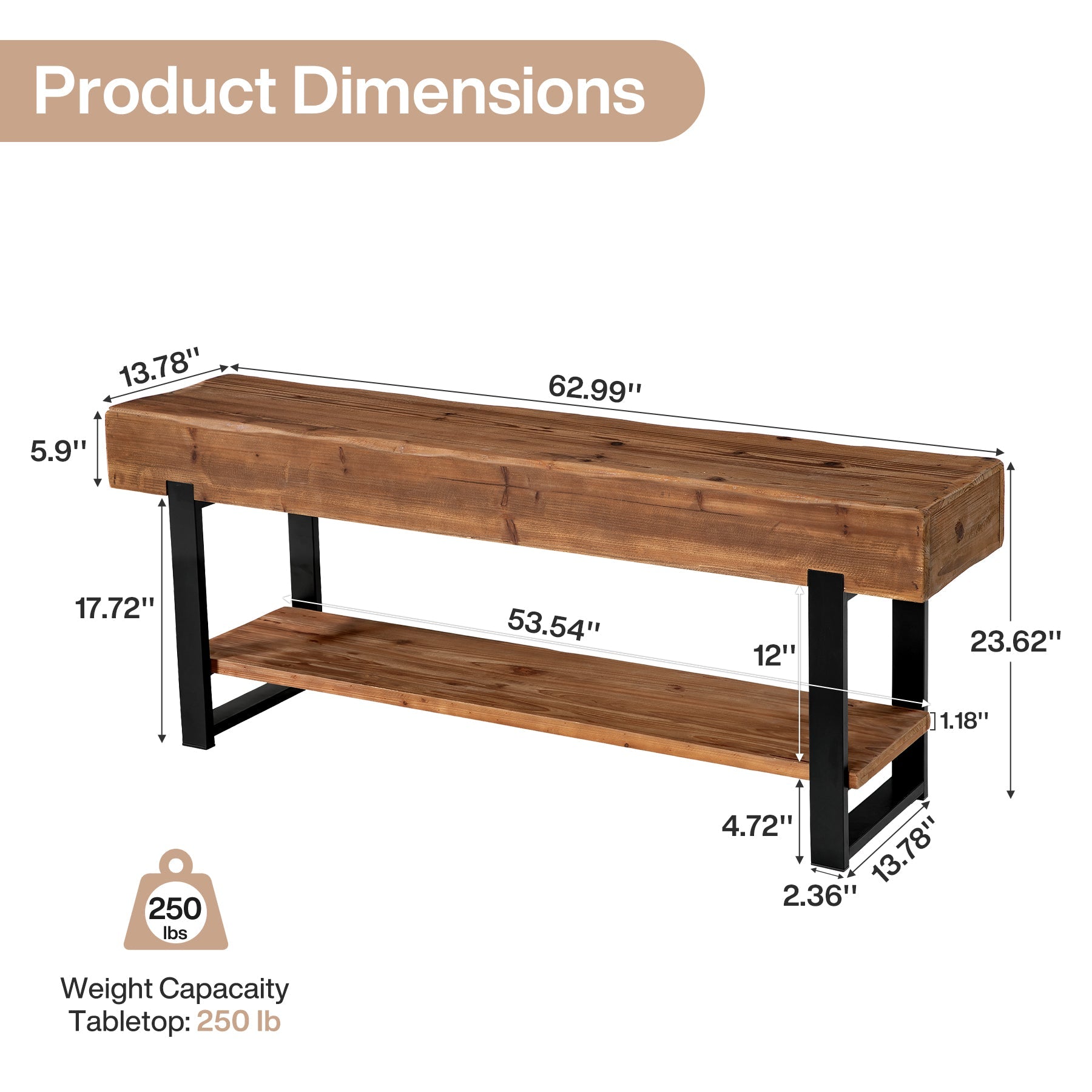 63" Solid Wood Entryway Bench, 2-Tier Shoe Storage Bench with Metal Frame