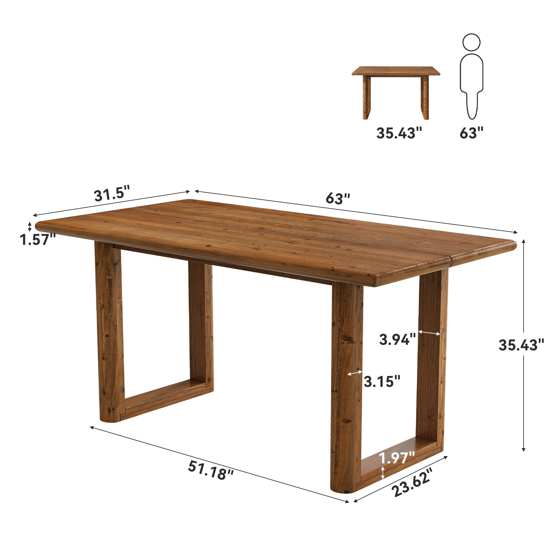 63" Solid Wood Bar Table, Farmhouse Counter Height Pub Table with U-Shaped Legs