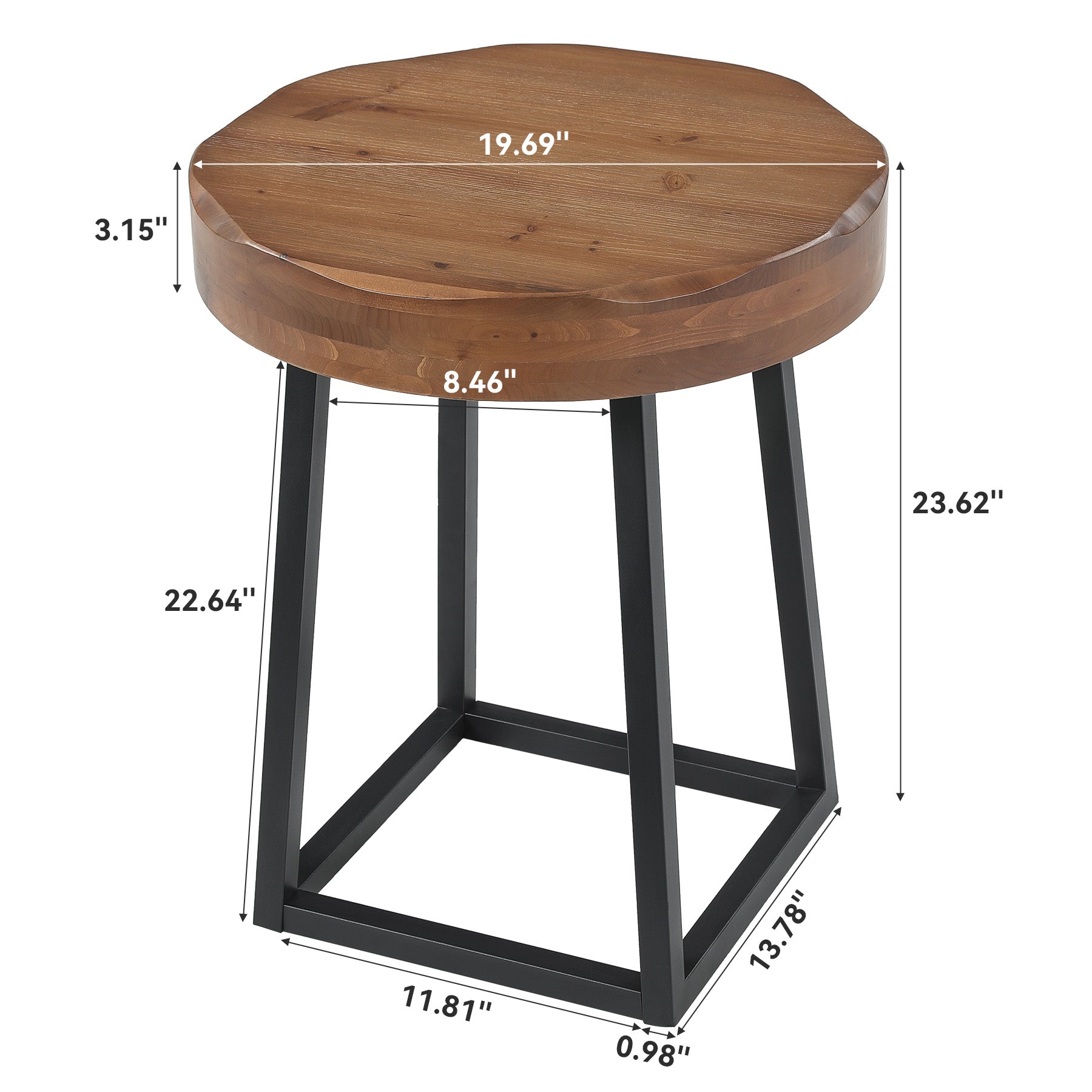 19.69" Solid Wood Round End Table, Live Edge Side Table with Metal Base for Living Room