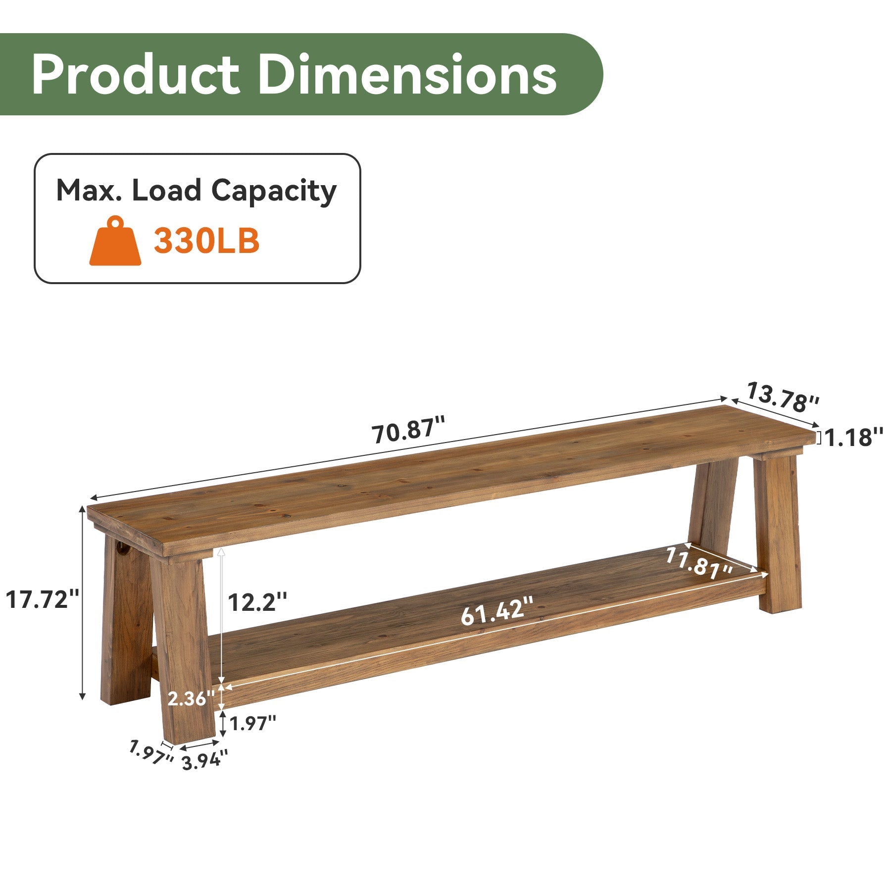 70.87" Solid Wood Entryway Bench, 2-Tier Shoe Bench with Storage Shelf for Hallway