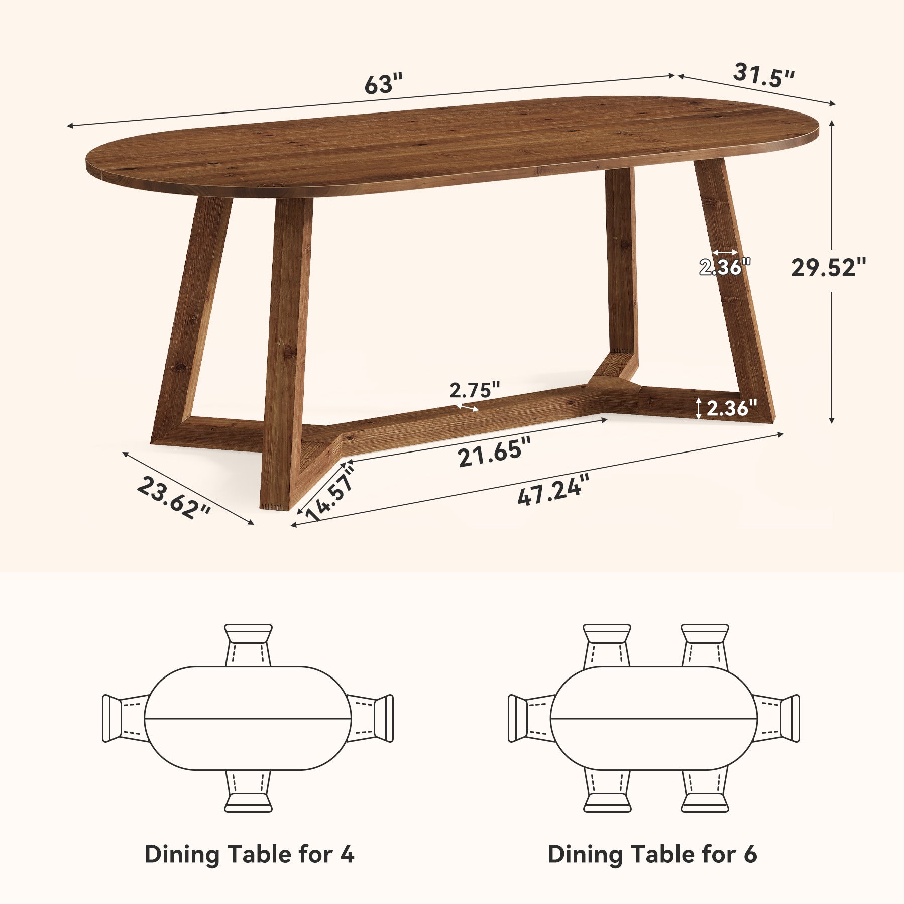 Solid Wood Oval Dining Table, 63" Kitchen Table with Sturdy Tapered Legs for 4-6