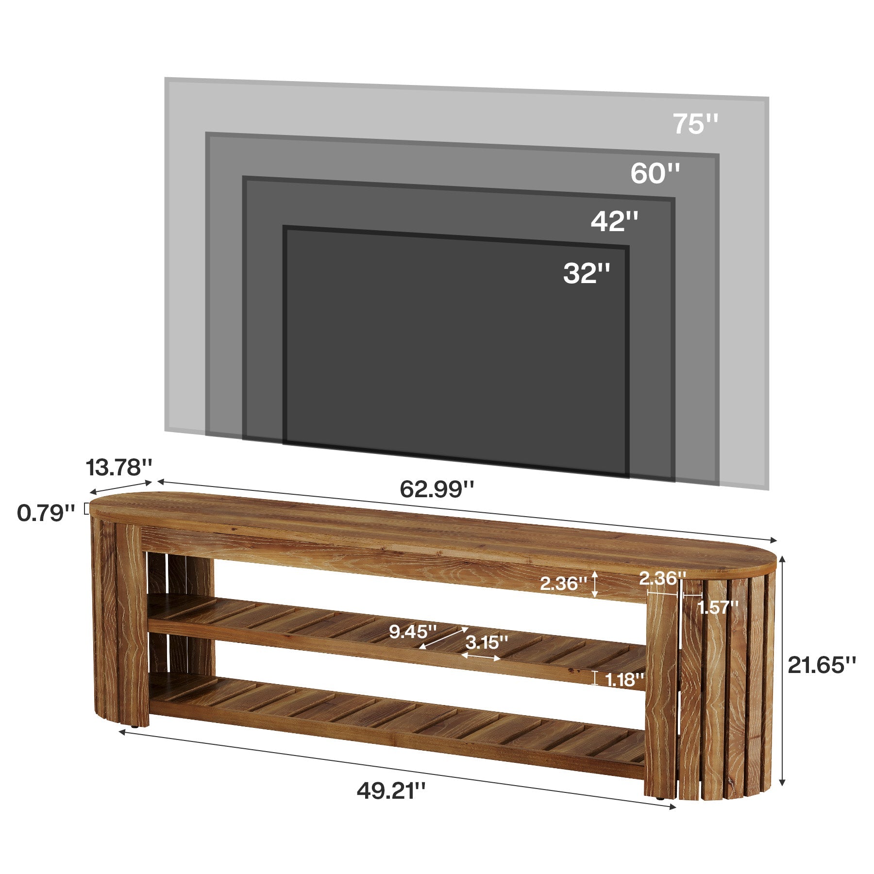 63" Solid Wood TV Stand, Entertainment Center with 2-Tier Shelves for 55/60/65/70-Inch TVs