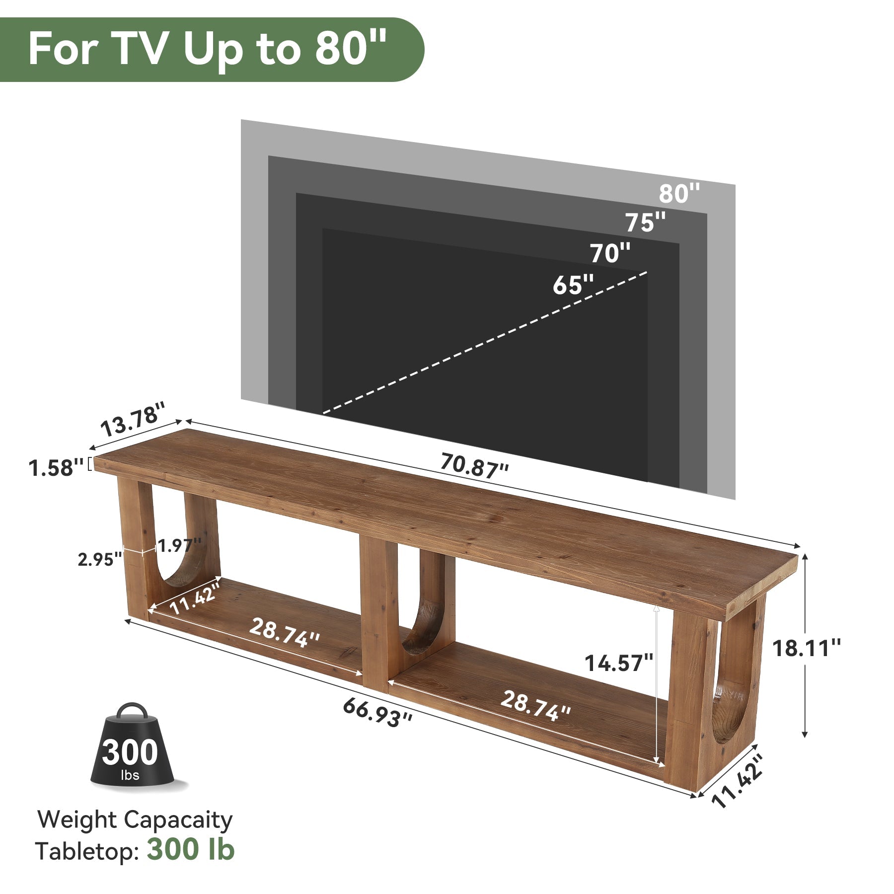 70.9" Solid Wood TV Stand for Up to 80" TVs, 2-Tier Entertainment Center for Living Room