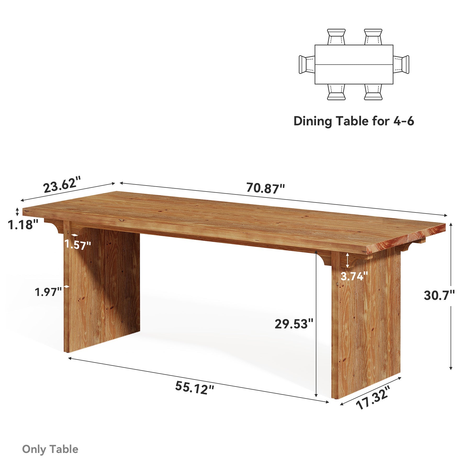 70.9" Solid Wood Dining Table for 4-6, Rectangle Dinner Table for Dining Room