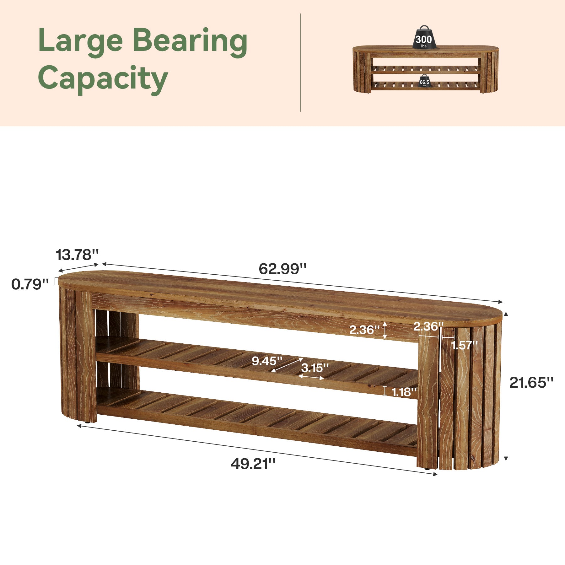 63" Solid Wood Entryway Bench, 3-Tier Window Seating with Shoe Storage