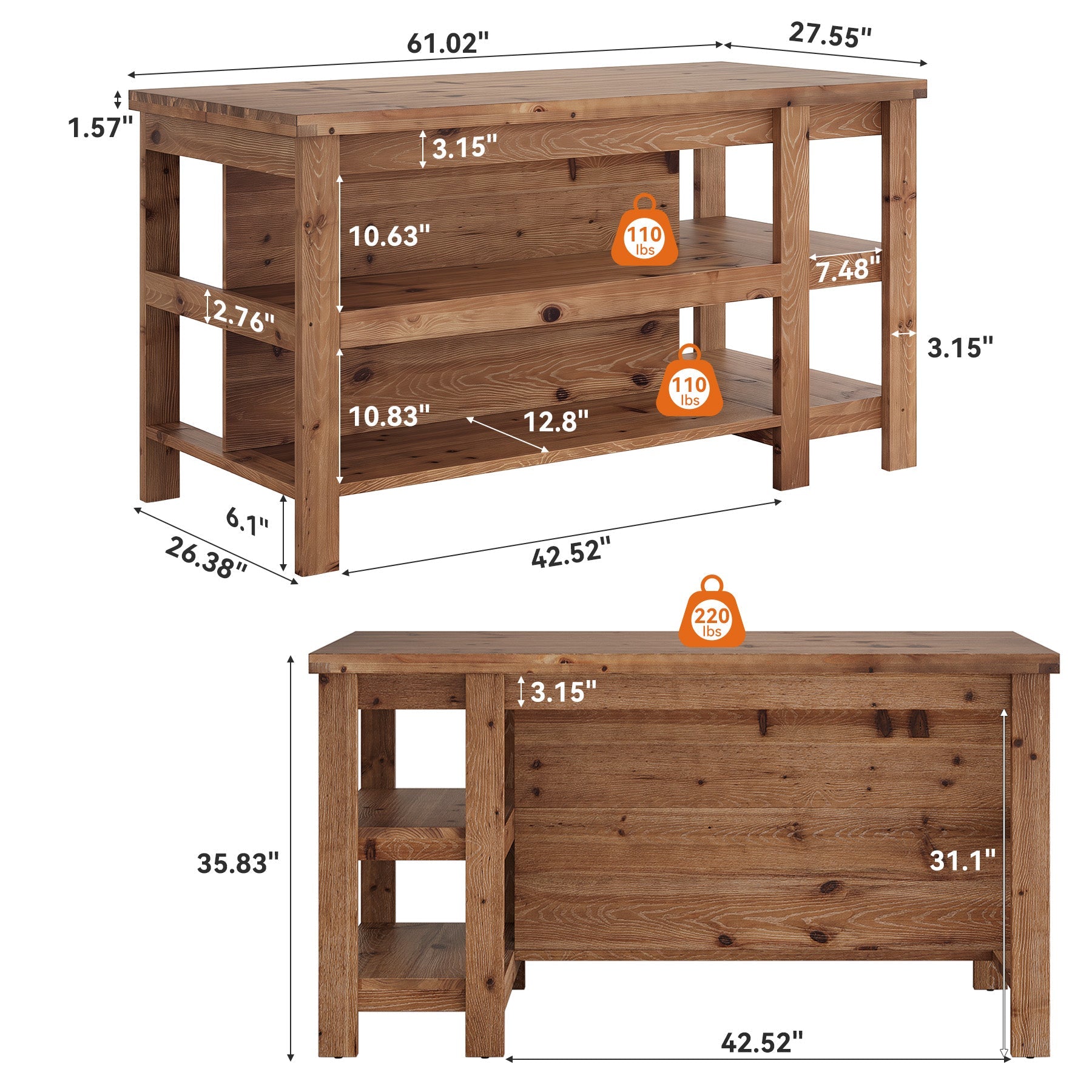 61" Farmhouse Kitchen Island with Storage, 3-Tier Solid Wood, Freestanding Dining Island Table