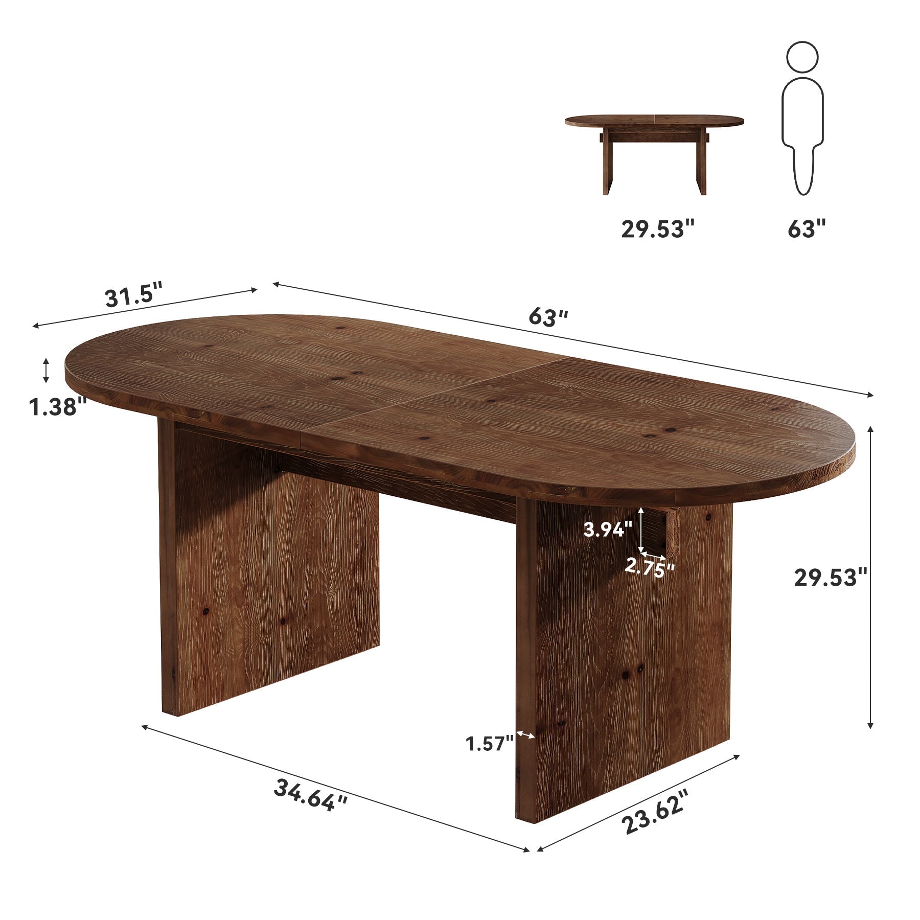 Solid Wood Dining Table, 63" Oval  Kitchen Dinner Table for 4-6