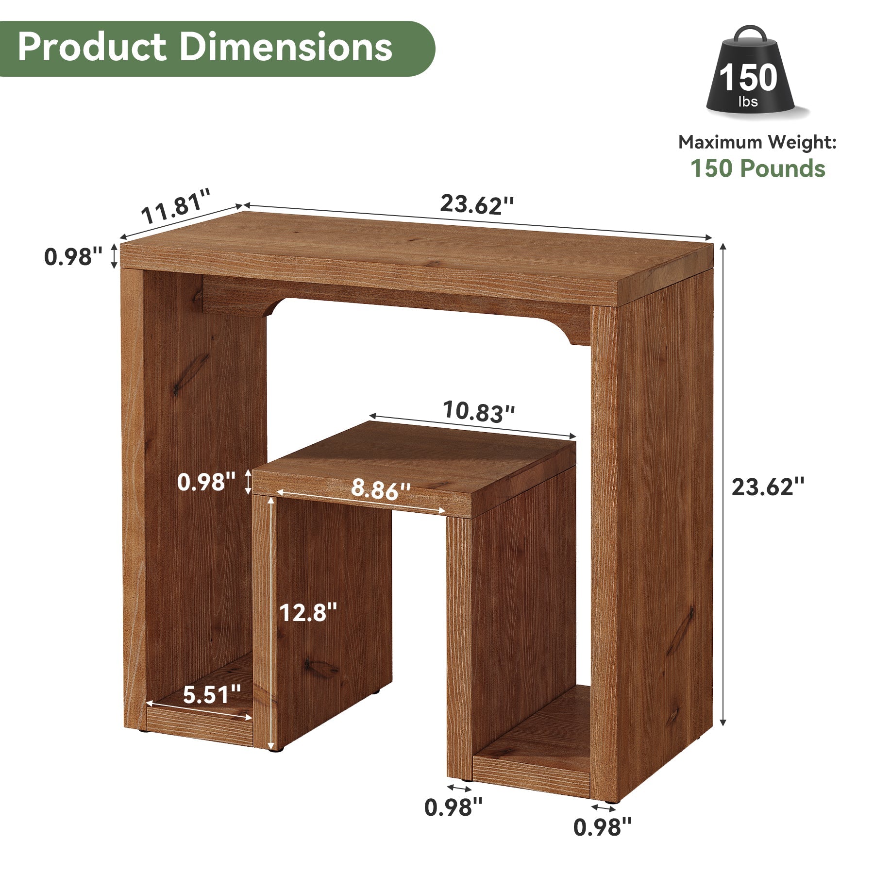 Solid Fir Wood End Table, U-Shaped Farmhouse Side Table Accent Table for Living Room