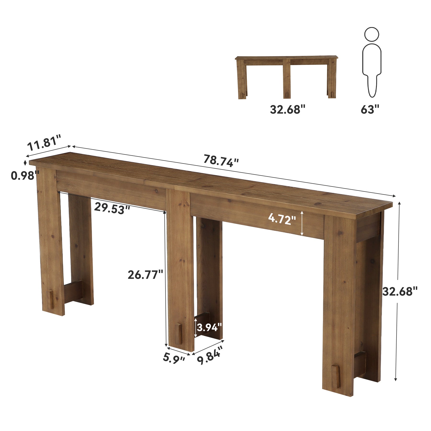 78.7" Extra Long Console Table,  Solid Wood Sofa Table with Sturdy Frame for Hallway