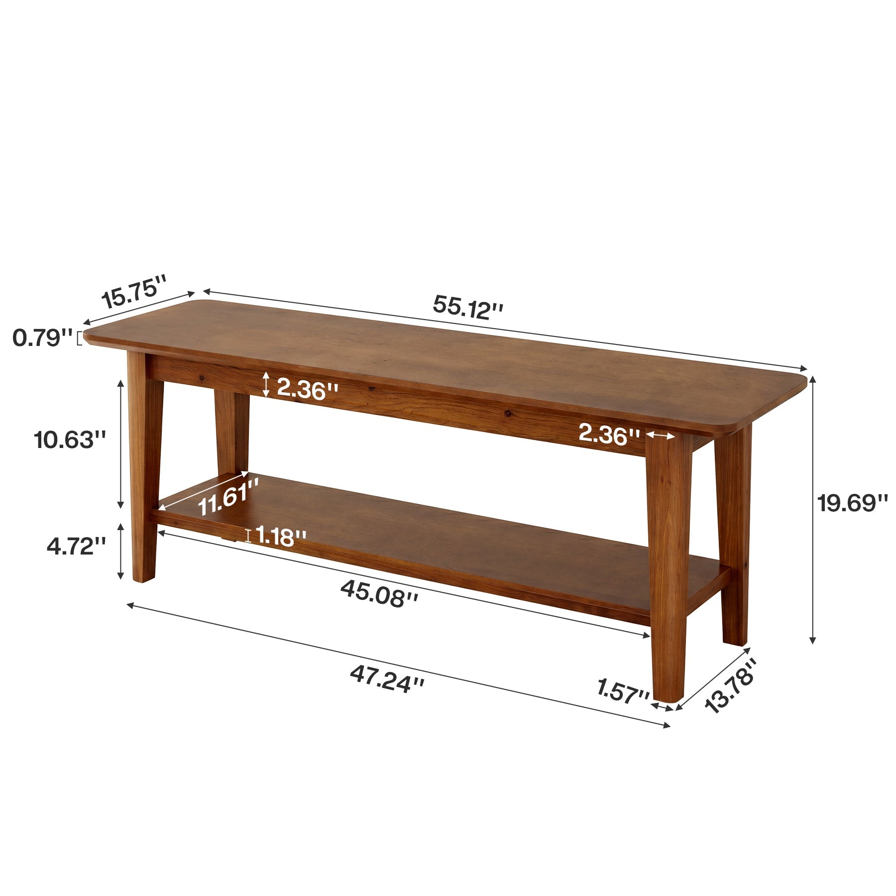 55" Solid Wood Entryway Bench, Farmhouse Shoe Storage Bench With Shelf For Hallway