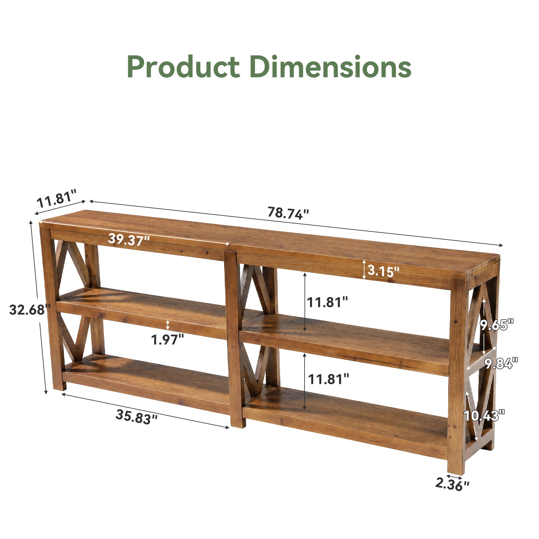 78.7" Solid Wood Console Table, 3-Tier Extra-Long Entryway Sofa Table with Open Storage