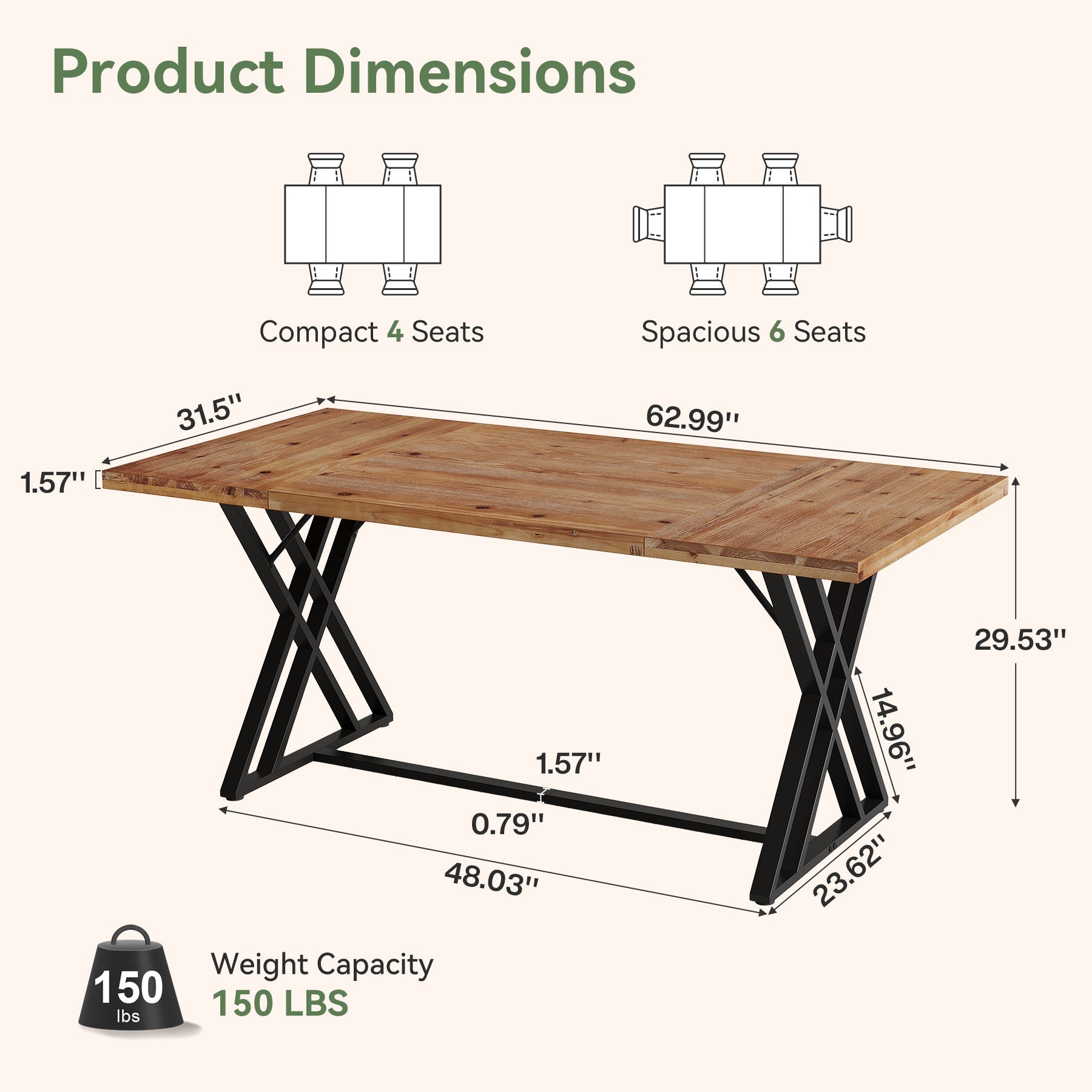 63" Solid Wood Dining Table, Rectangular Kitchen Table with X Shaped Metal Legs for 4-6