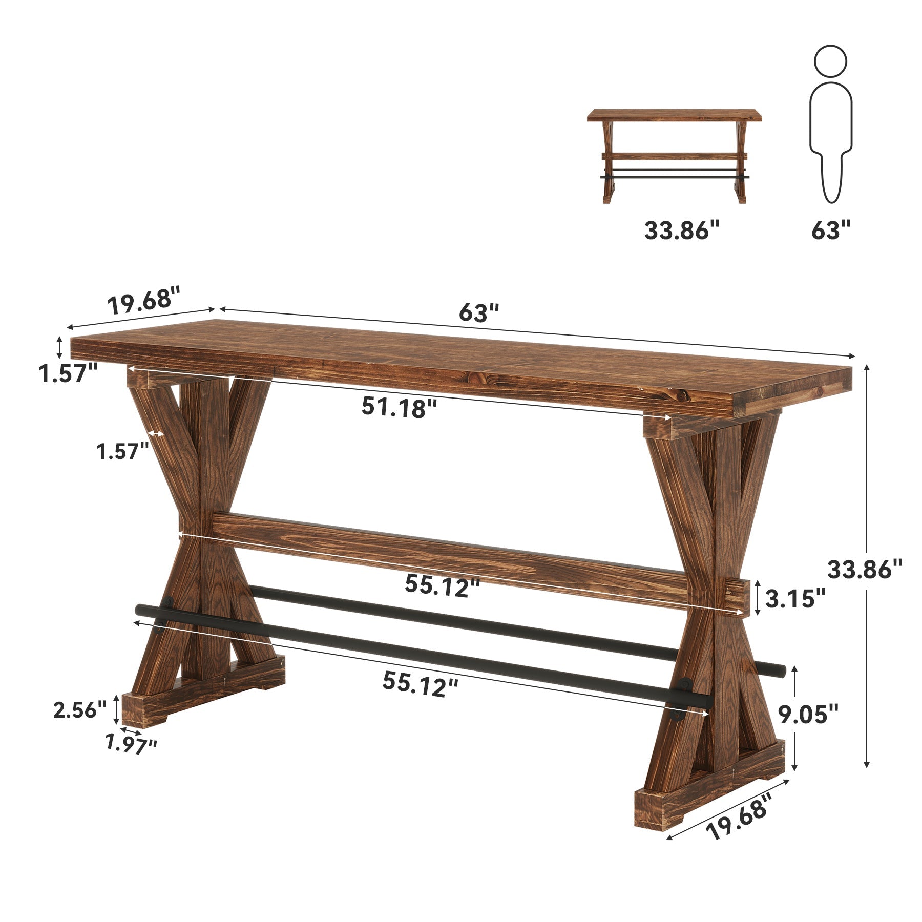 Solid Wood Bar Table, Rectangular Counter Height Pub Table With X-Base