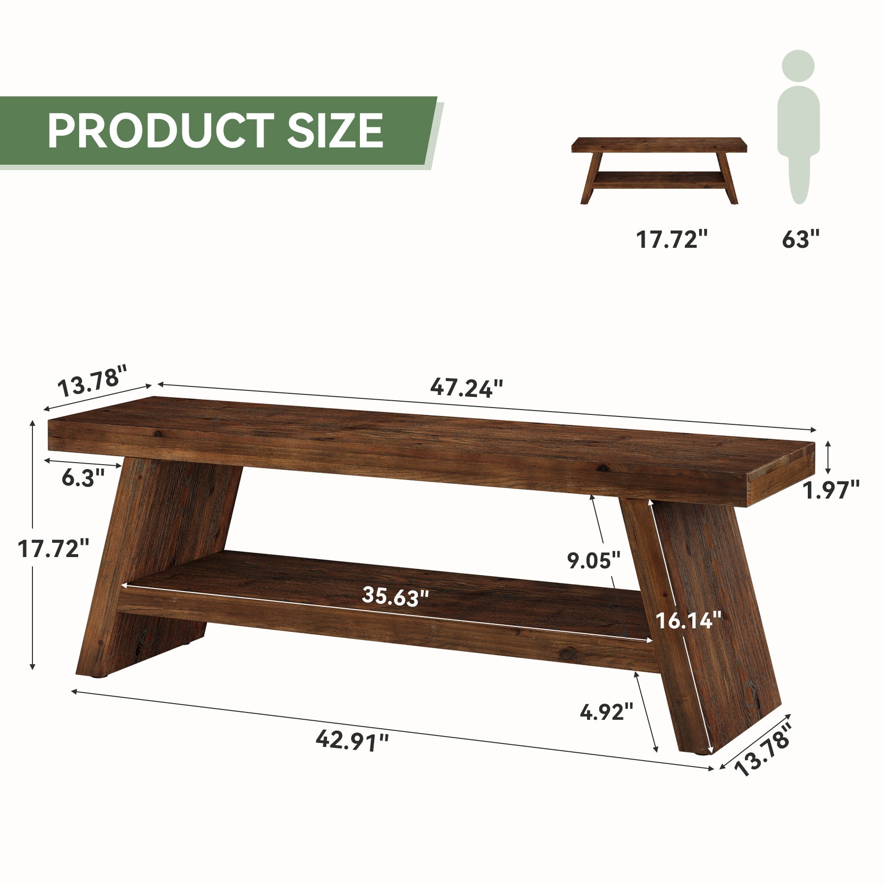 2-Tier Solid Wood Entryway Bench with Open Storage, Wooden Shoe Bench for Hallway & Foyer