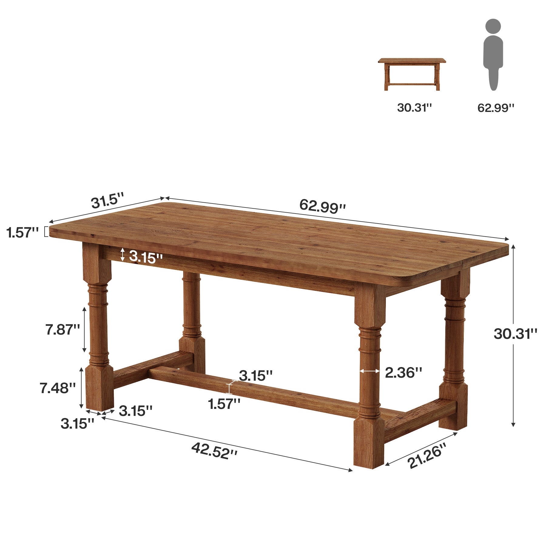 Solid Wood Executive Desk, 63" Rectangular Computer Desk with Trestle Base for Home Office