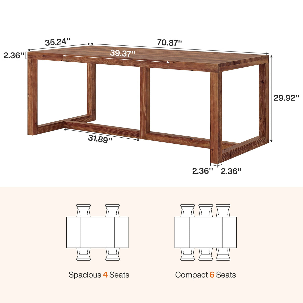 71" Farmhouse Dining Table for 6-8, Solid Wood Rectangle Kitchen Table, Dining Room