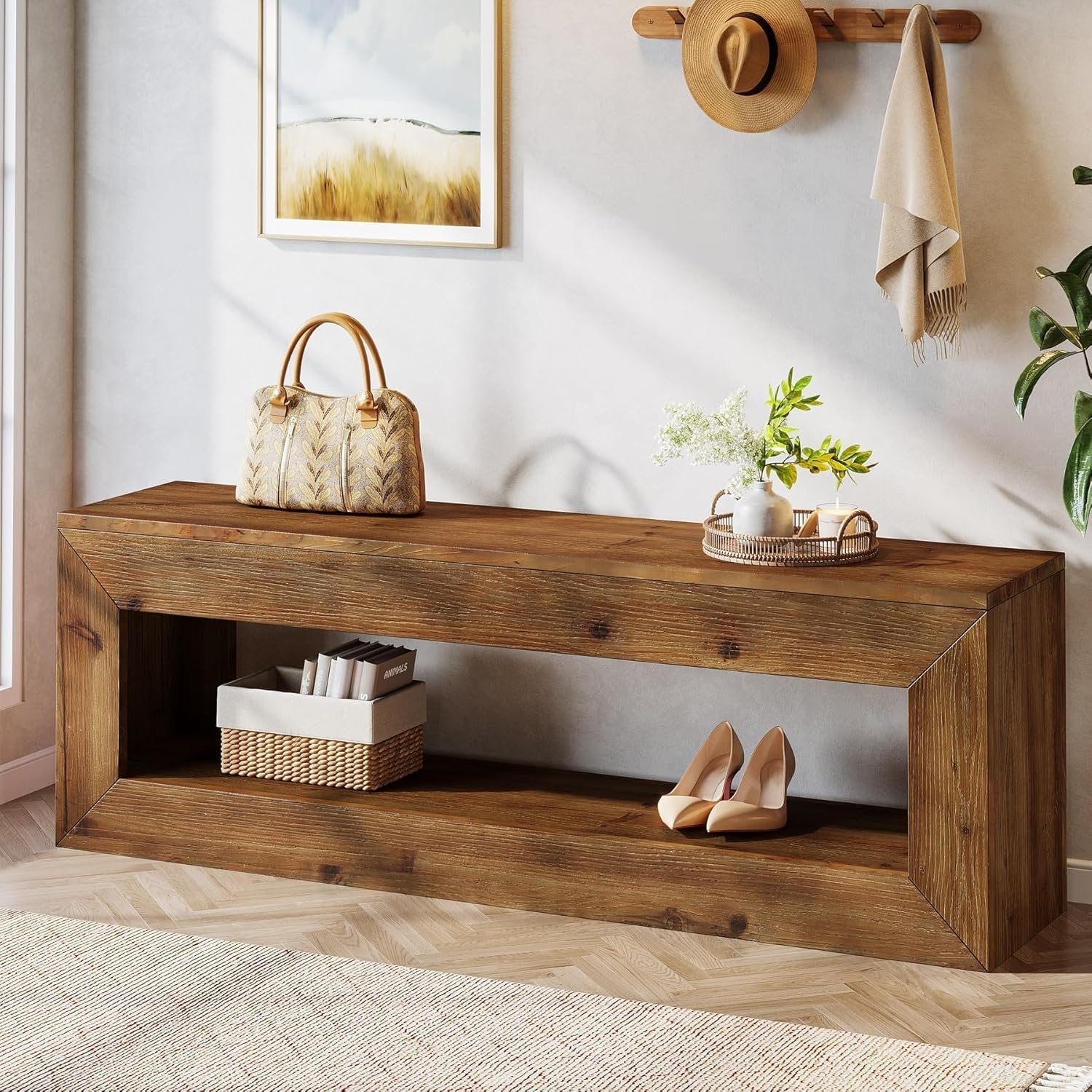 47" Farmhouse Entryway Bench, 47" Solid Wood Indoor Bench Seat with Storage