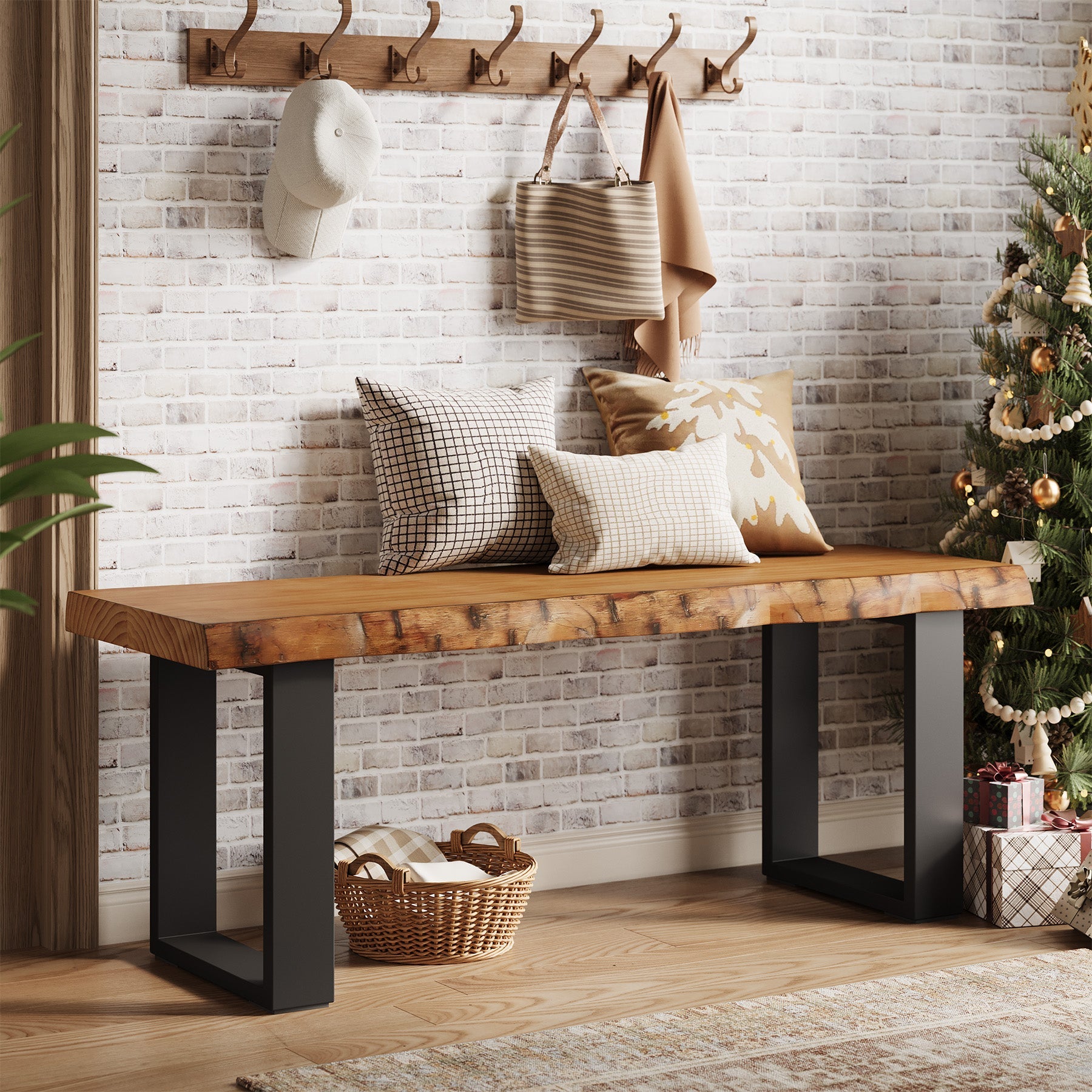 47" Industrial Entryway Bench, Solid Wood Shoe Bench End of Bed Bench