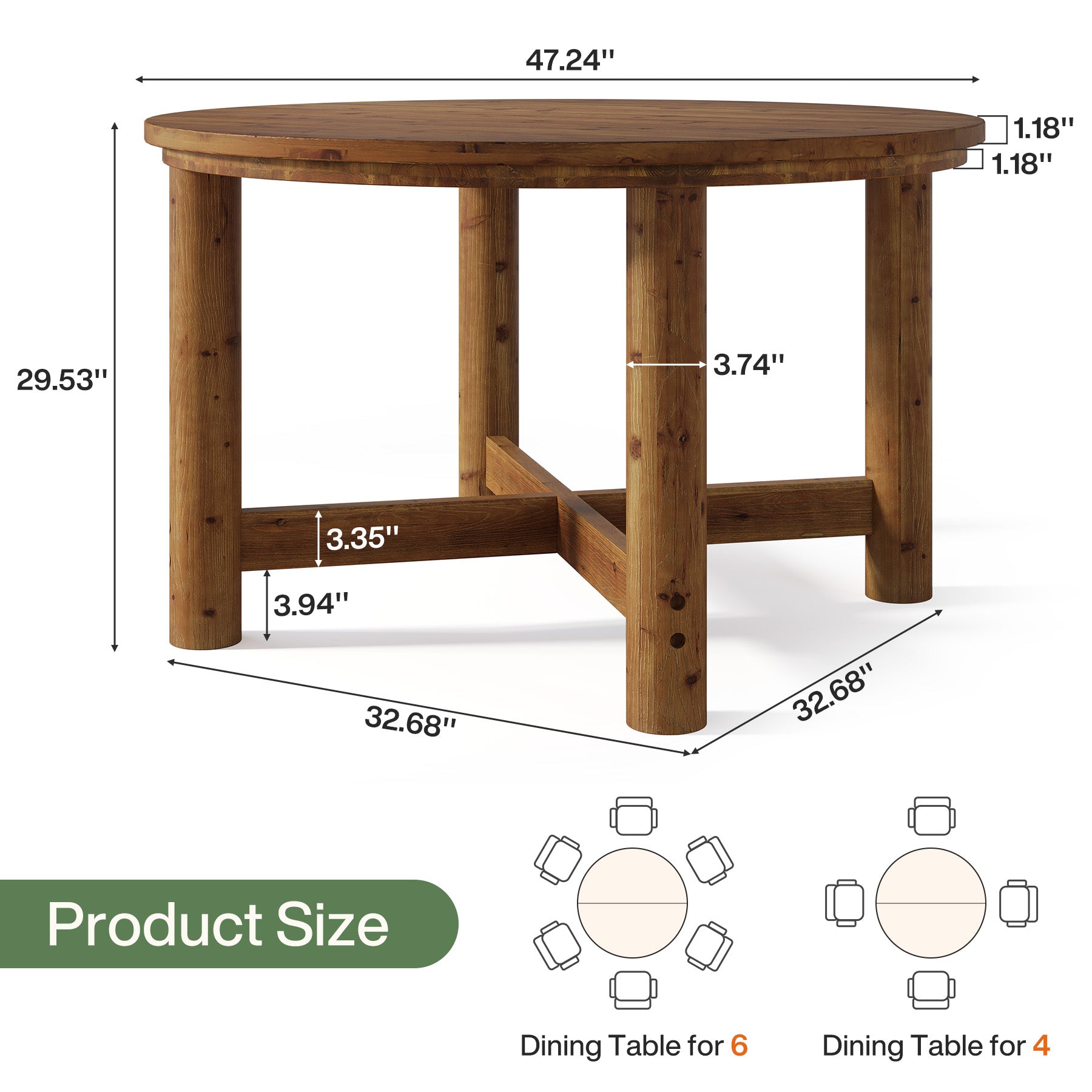 47" Round Dining Table, Solid Wood Kitchen Table with Heavy Duty Legs for 4-6