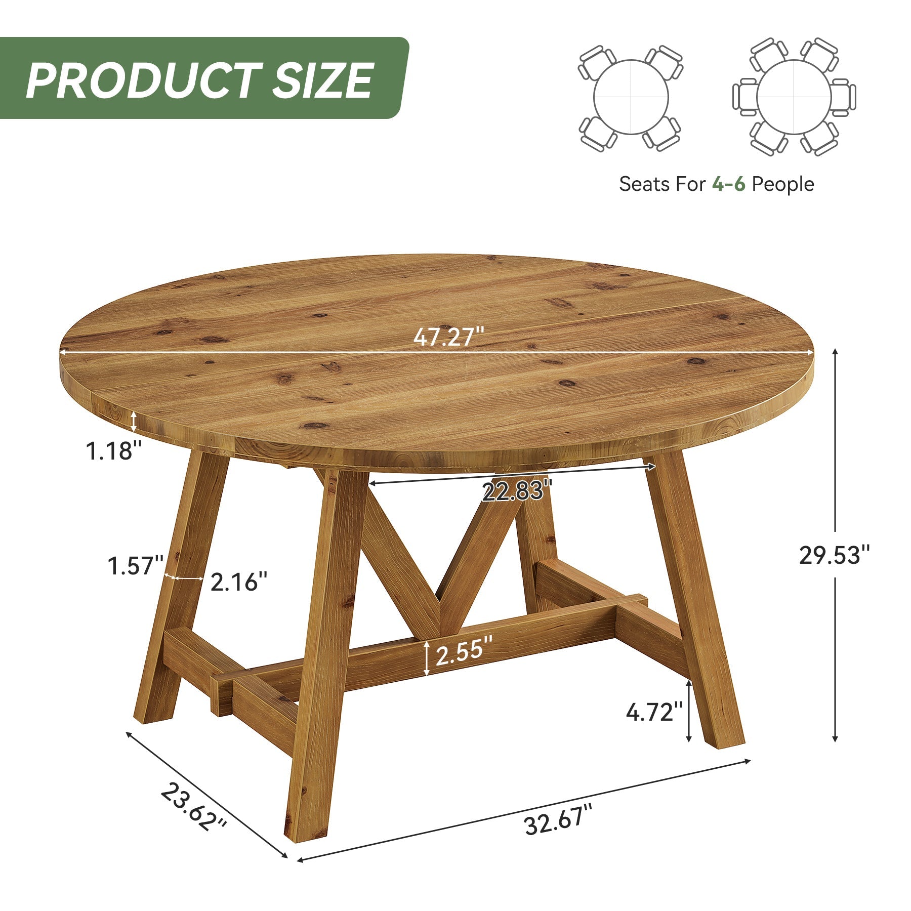 47" Solid Wood Dining Table, Farmhouse Round Kitchen Table for 4-6