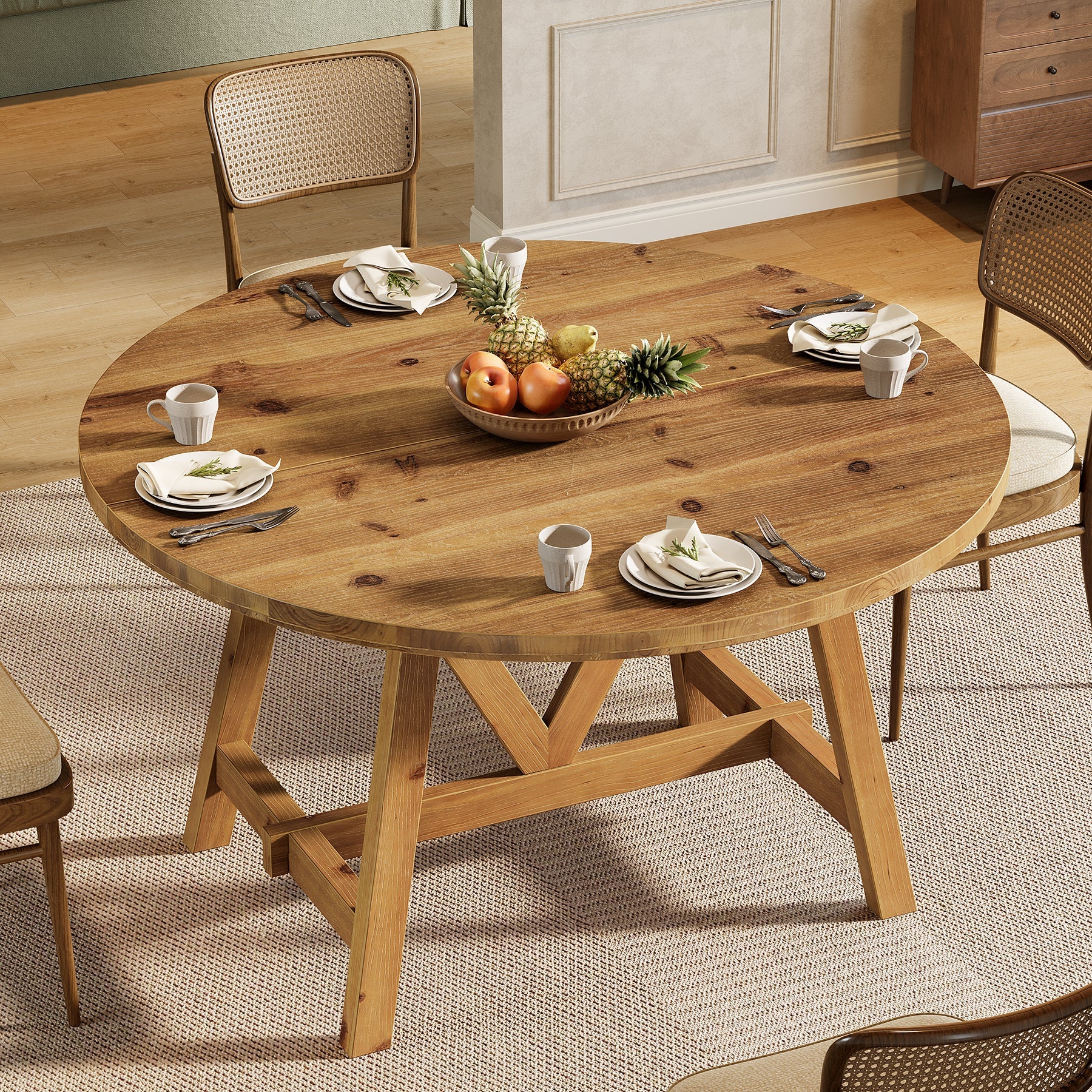 47" Solid Wood Dining Table, Farmhouse Round Kitchen Table for 4-6