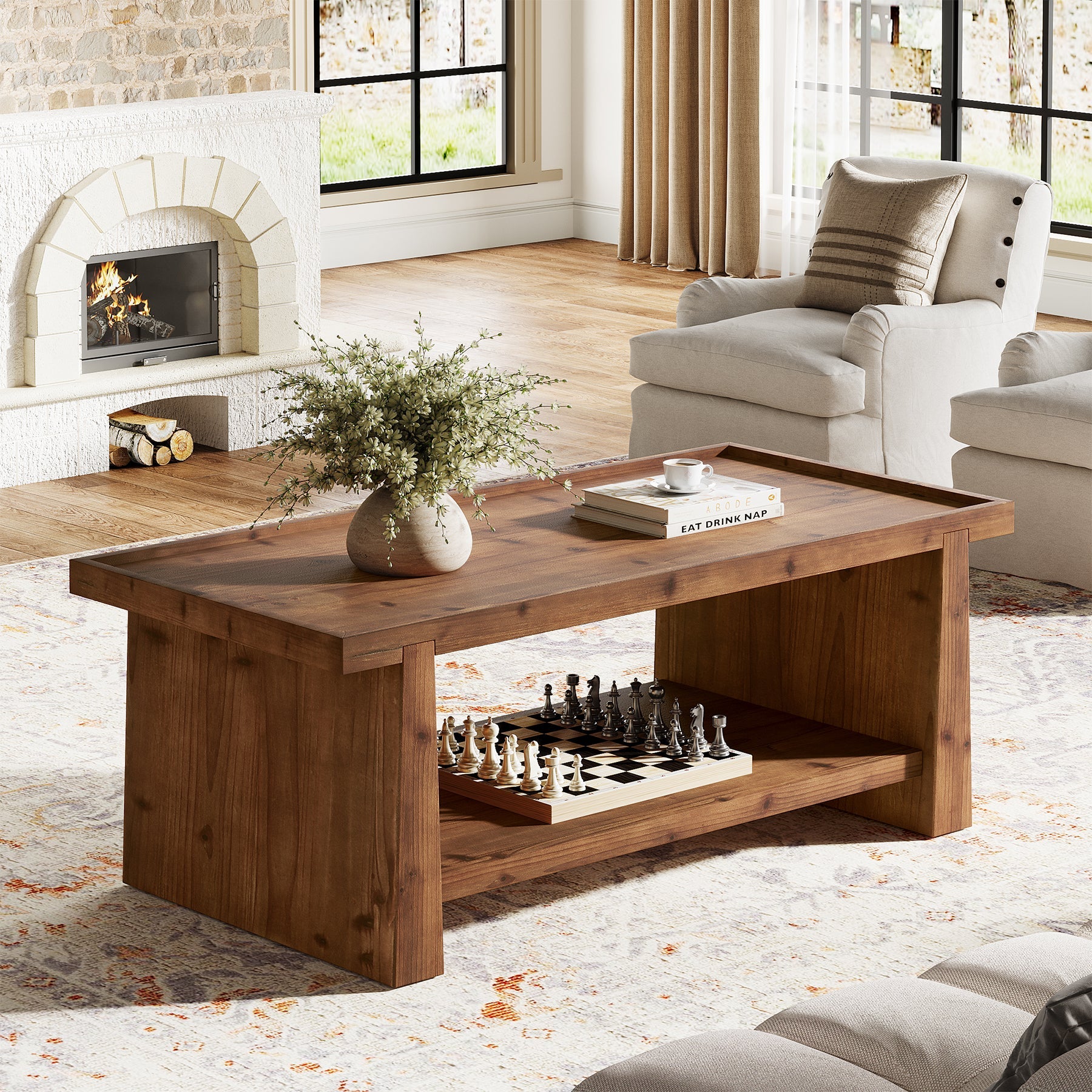 47" Wood Coffee Table, Farmhouse Center Table with 2-Tier Open Storage