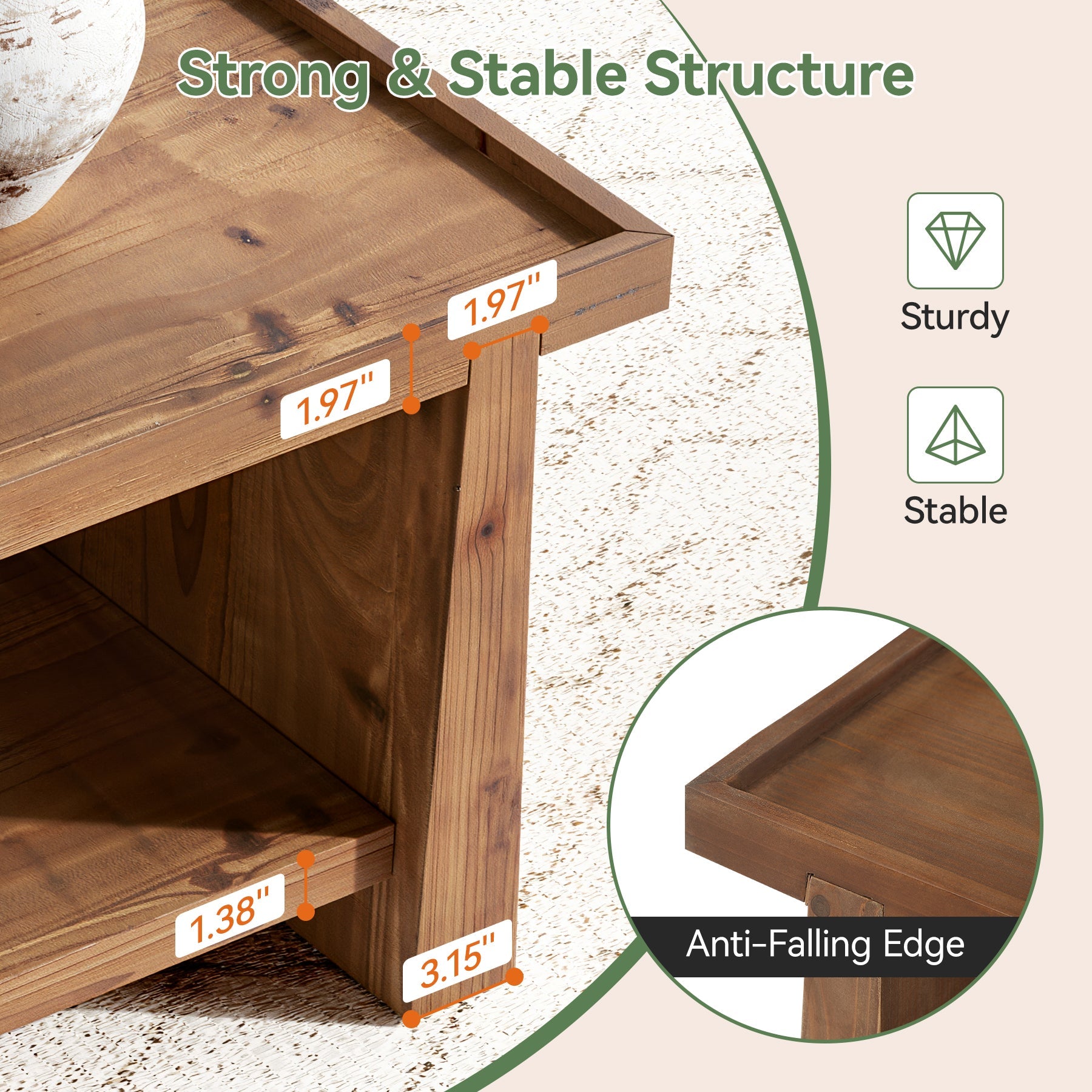 47" Wood Coffee Table, Farmhouse Center Table with 2-Tier Open Storage