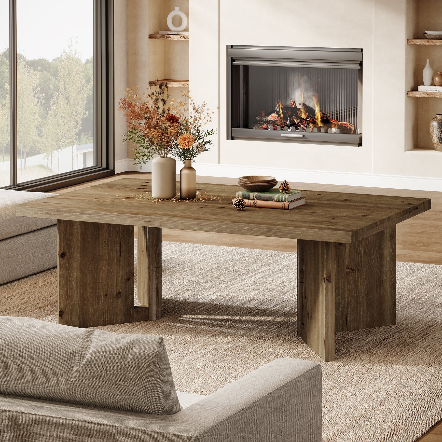 47" Wood Coffee Table, Farmhouse Rectangle Center Table with Triangle Legs