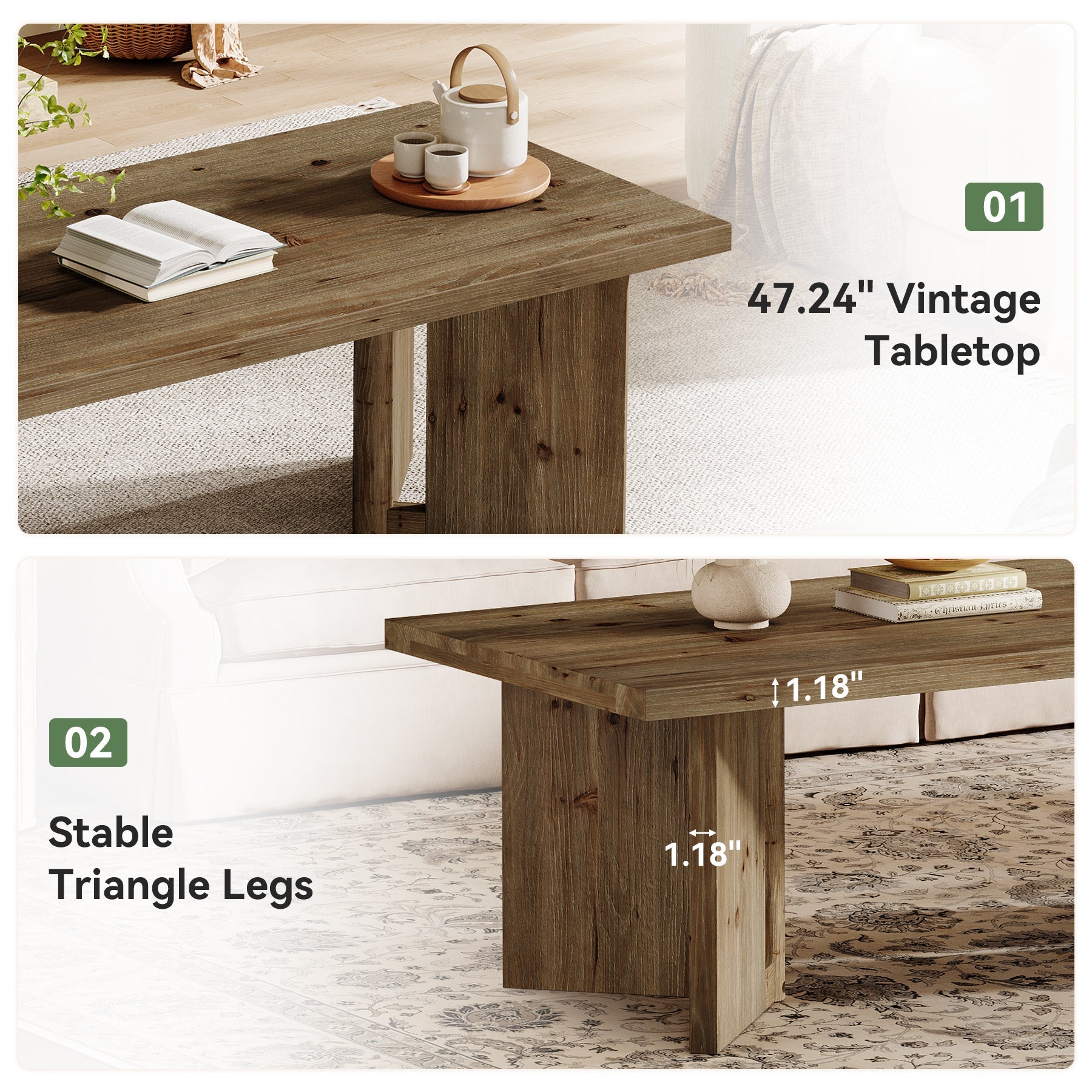 47" Wood Coffee Table, Farmhouse Rectangle Center Table with Triangle Legs
