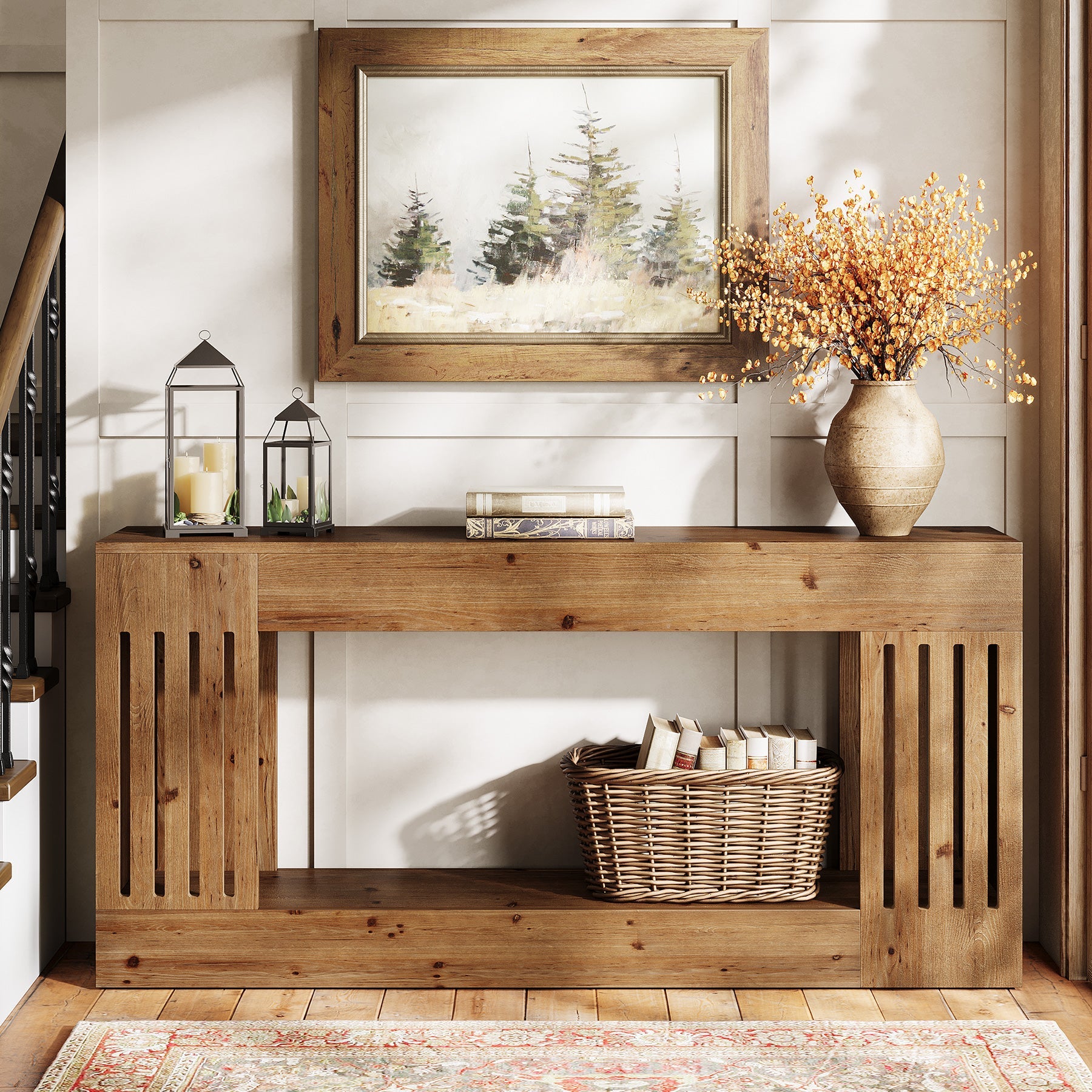 Solid Wood Console Table, 63" Sofa Table Behind Couch with Storage Shelf